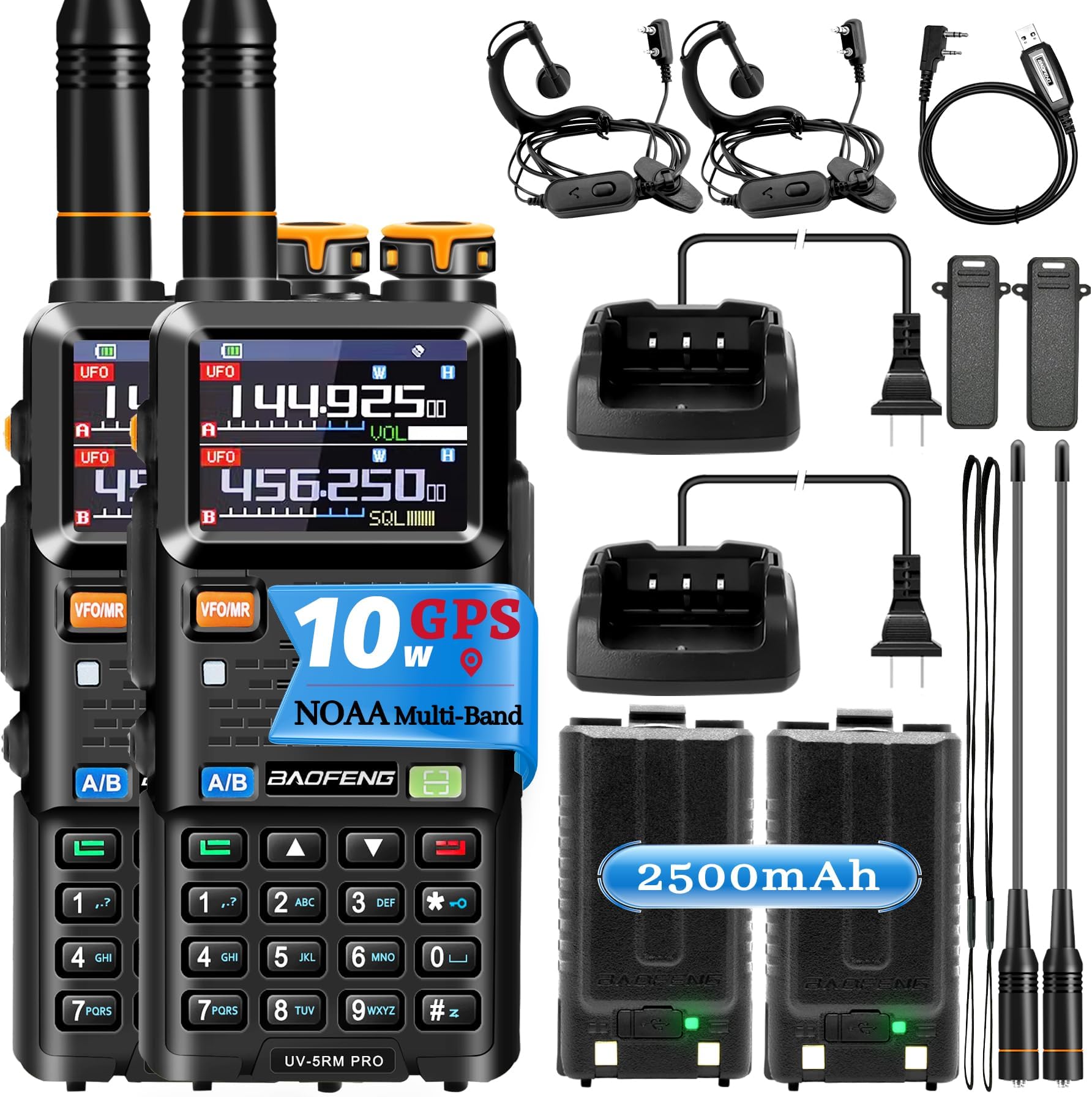 BAOFENG Radio UV-5RM PRO GPS: Ham Radio Handheld 10W Ham Radios Long Range 5RM PRO with GPS, 2500mAh Battery Rechargeable Multi-Band BAOFENG Radio with Programming Cable,Type-C Port, 2 Pack