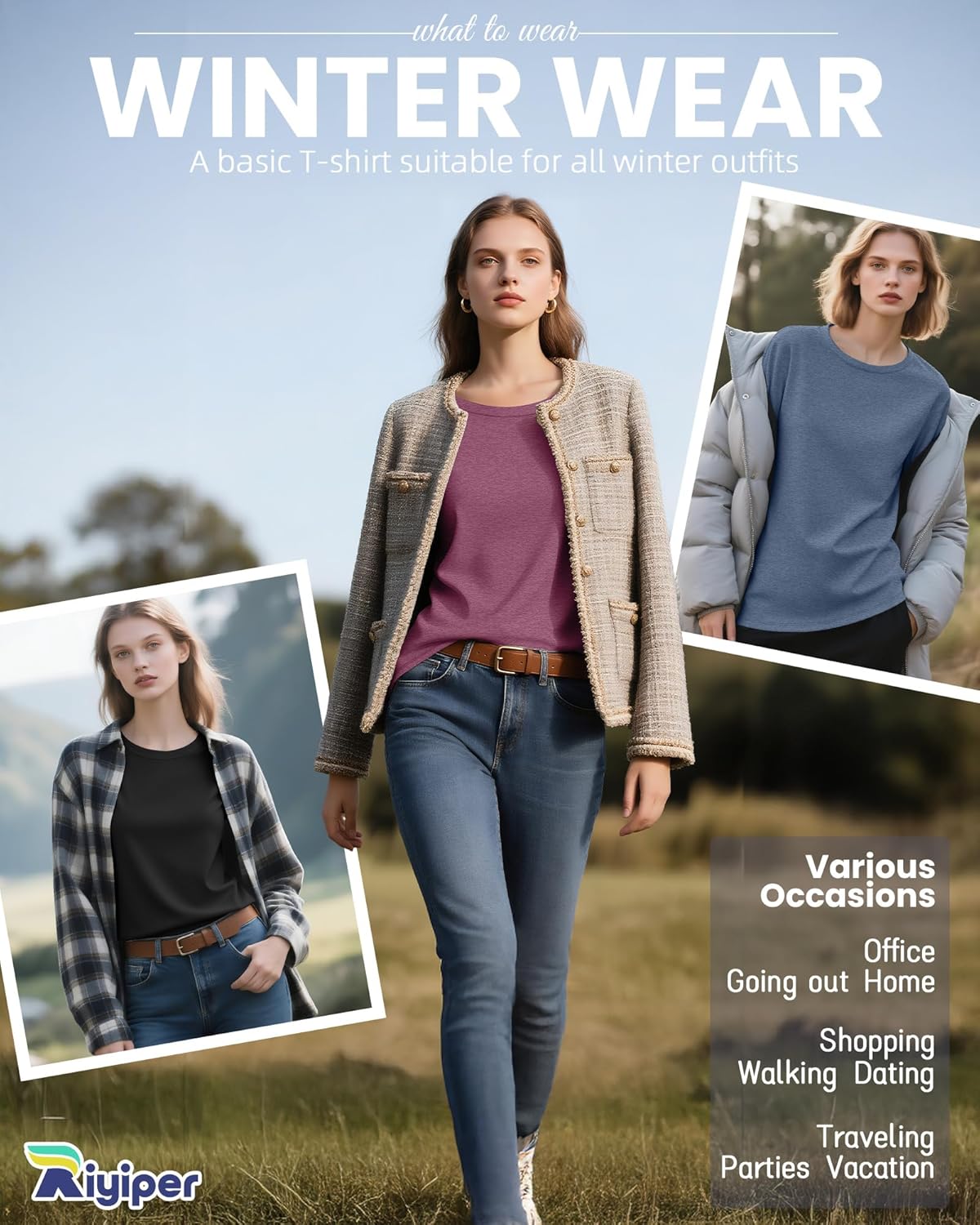 Riyiper 3 Pack Women's Long Sleeve Shirts Crew Neck Curved Hem Tunic Side Split Tops Loose Basic Tee Casual Sweatshirt - Image 5