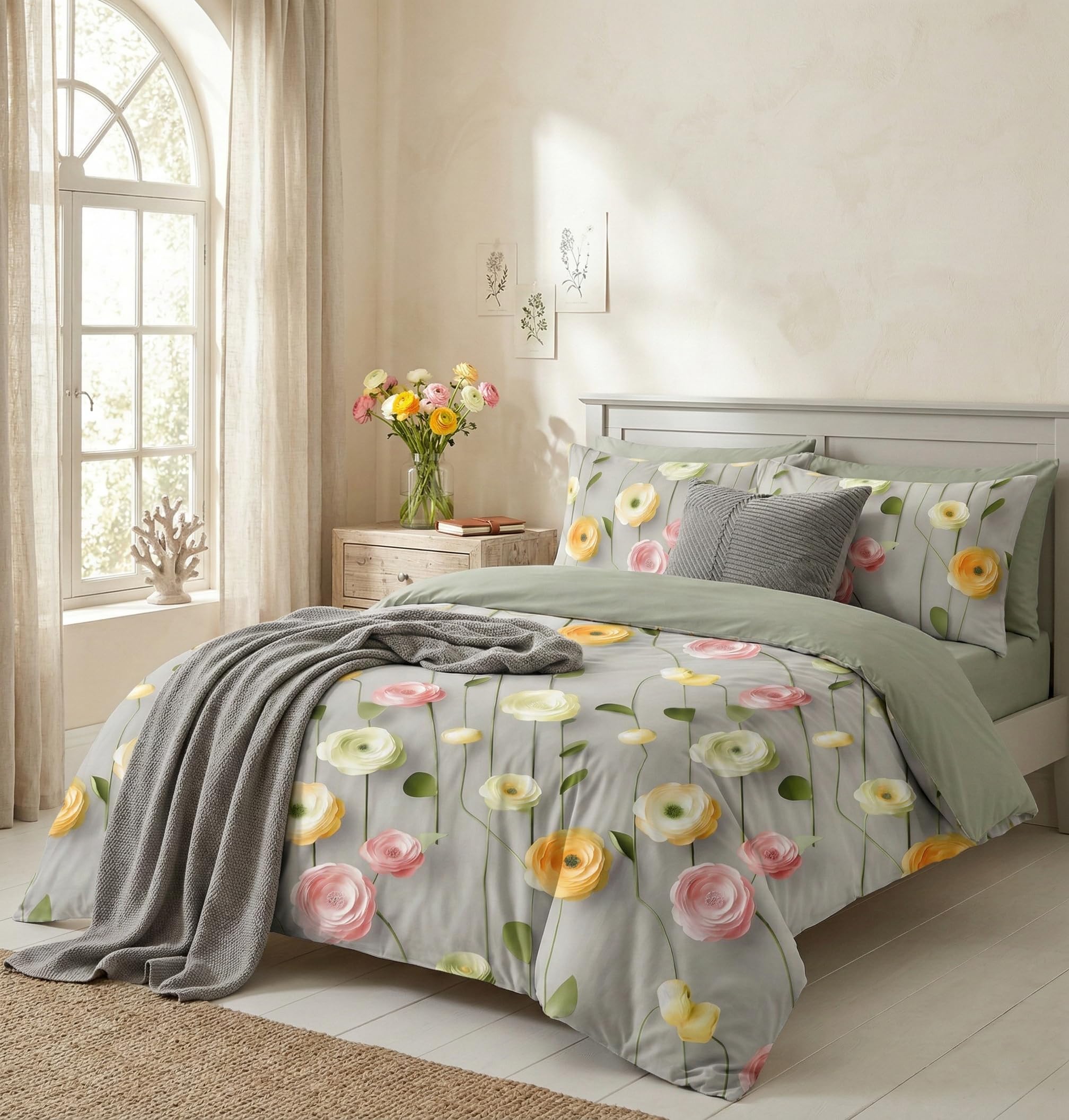 LOOMLYFE 300 TC 7D Microfiber XXL Soft Cotton Super King Size Bedsheet for Double Bed, King Size 108 Inches X 108 Inches, 9 Feet, 275 X 275 cm with 2 Large Size Pillow Covers, GreyBaleLotus