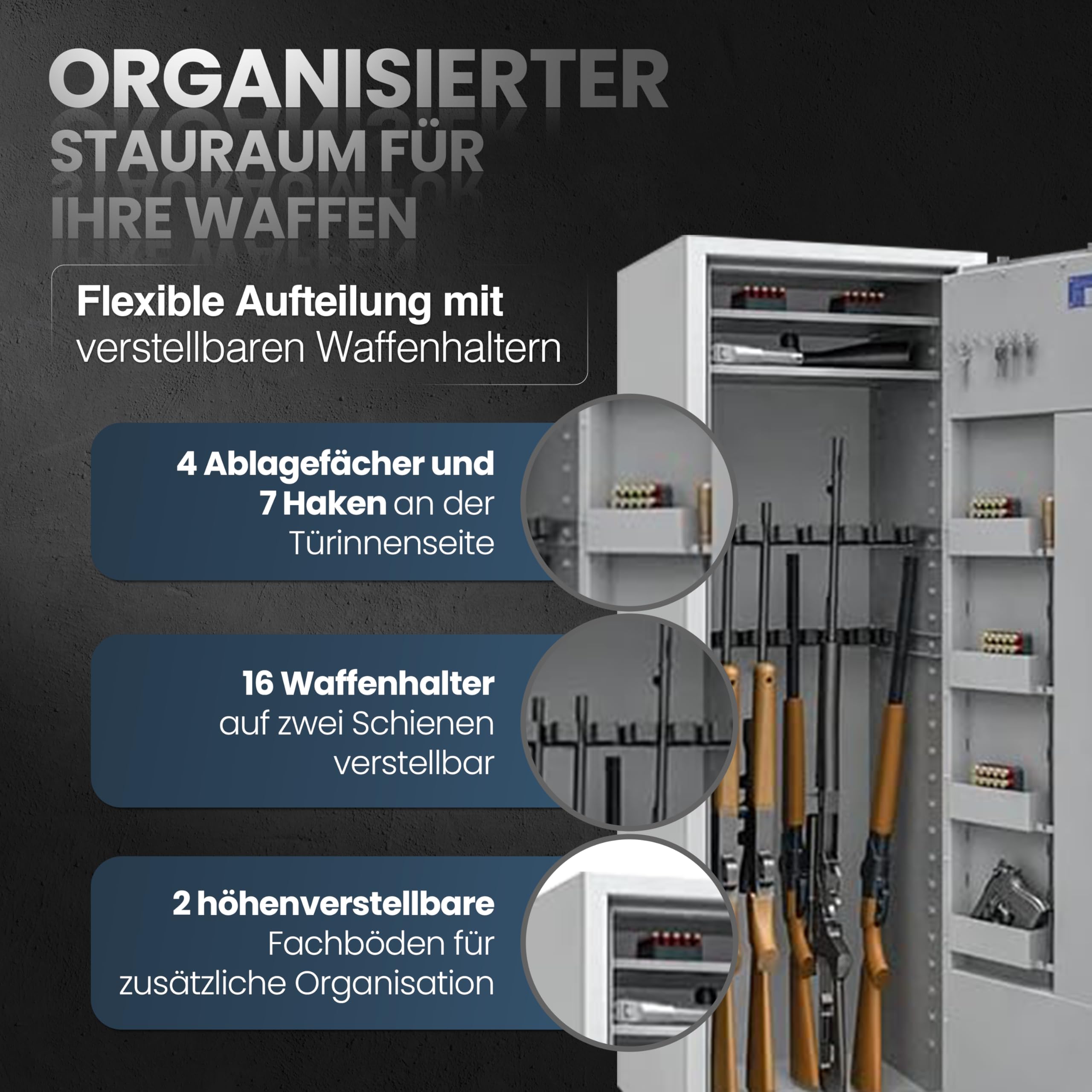 Waffenschrank Klasse 1 EN 1143-1 für 16 Langwaffen, Kurzwaffen & Munition | 1600x550x500mm (Doppelbartschloss mit 2 Schlüsseln)