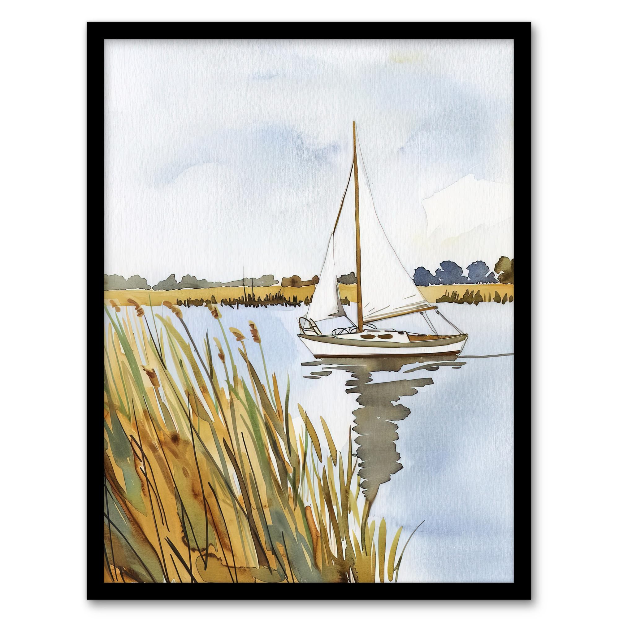 Artery8 Norfolk Broads England River Sailboat Watercolour Living Room Artwork Framed Wall Art Print A4