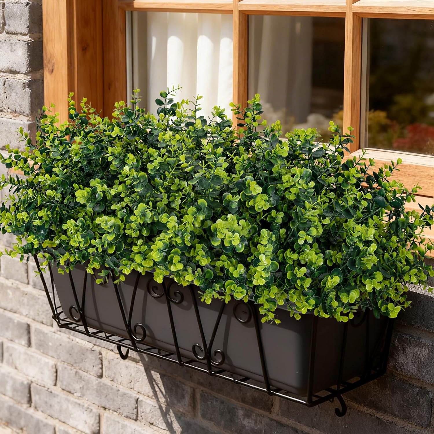 17 Inch Artificial Plants Outdoor Faux Shrubs Eucalyptus Boxwood Grass UV Resistant Fake Plant Greenery Decor for Indoor Window Garden Patio Pathway Front Porch Home Decor（24 Bundles,Green）