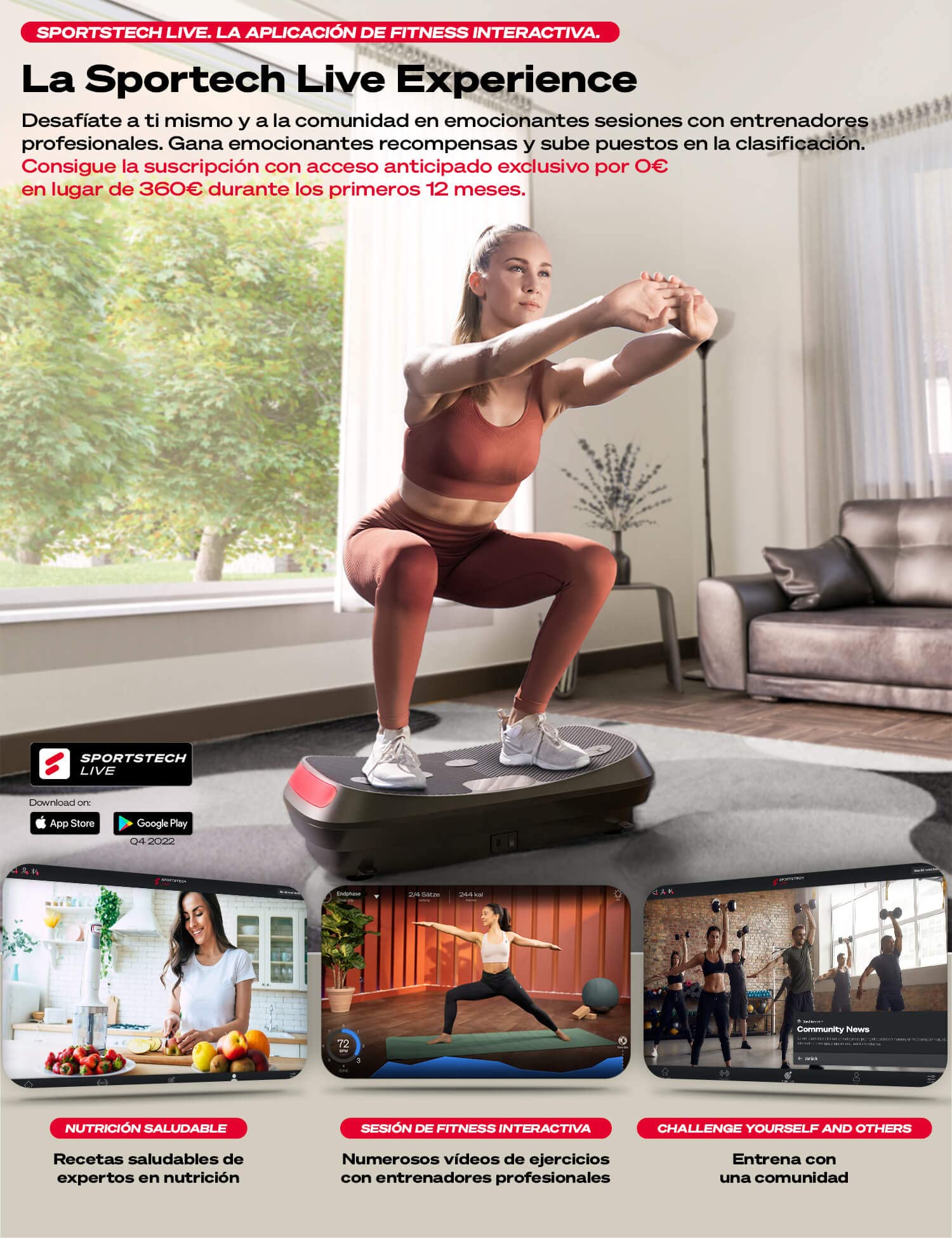 Sportstech 4D VP400 Plataforma Vibratoria de Diseño Curvo + Videos de Entrenamiento, Pantalla Táctil, Gran Superficie, Tecnología LED, Reloj Remoto, Bandas de Resistencia, póster y Esterilla