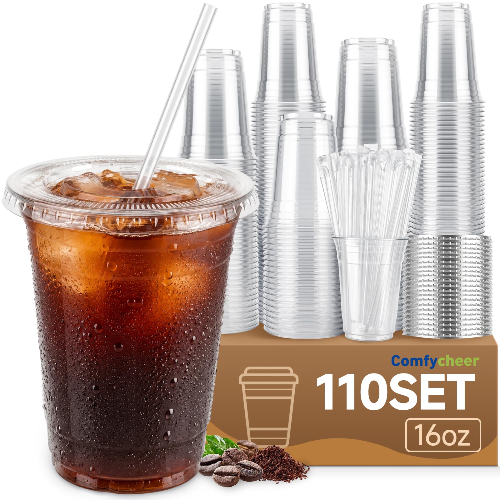 Comfycheer 110 Set 16oz Disposable Smoothie Cups with Lids and Straws | BPA-Free,Heavy Duty,Leak-Resistant,for Iced Coffee,Cold Drink,Smoothie,Milkshake, Cold Drinks,Juice,Party,Medium Size,Bulk