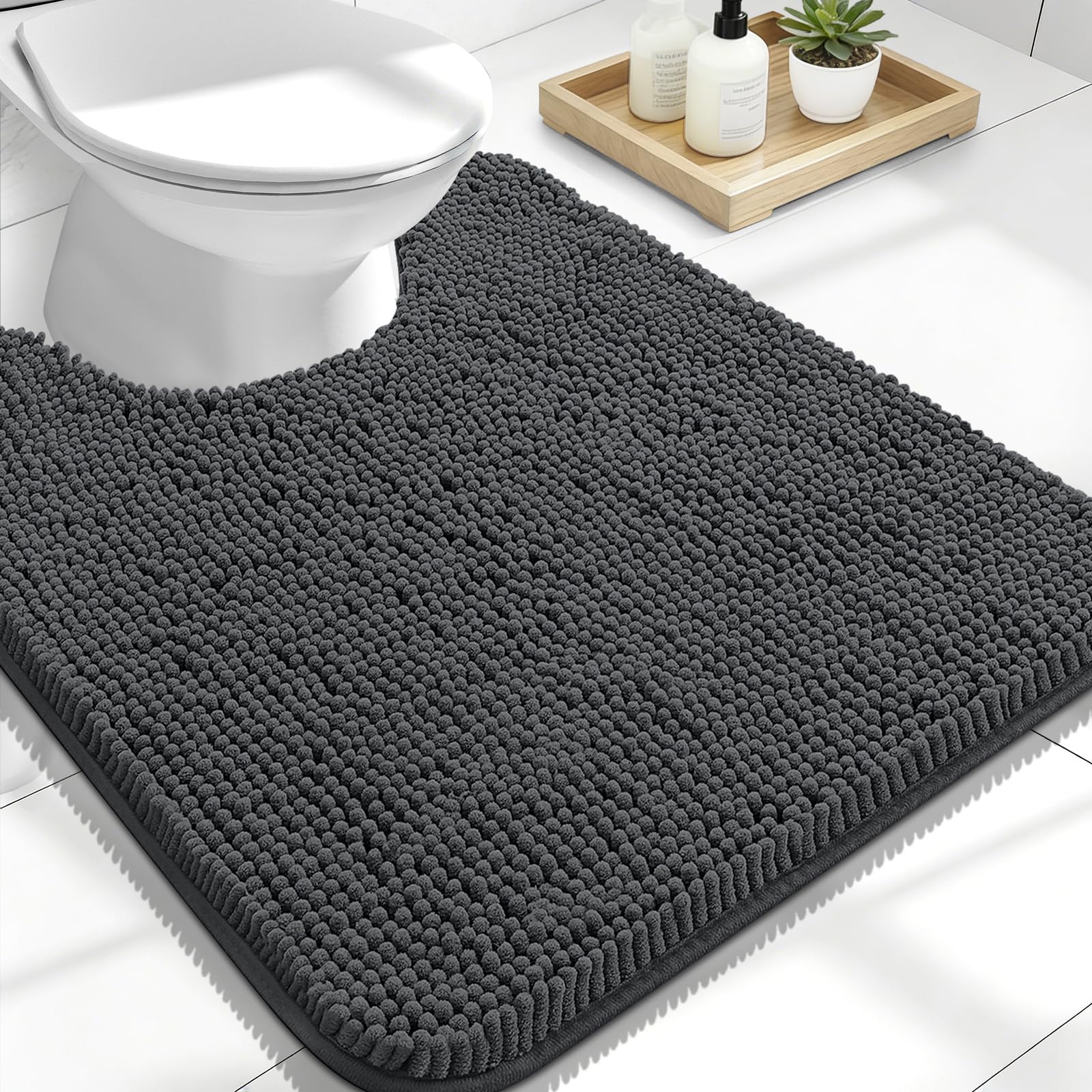 OLANLY Toilet Rugs U-Shaped 24x20, Soft Absorbent Chenille Contour Rugs | Dark Grey, Quick-Drying Rubber Backing, Machine Washable Non-Slip Shaggy Bathroom Mat for Toilet, Home Decor Accessories