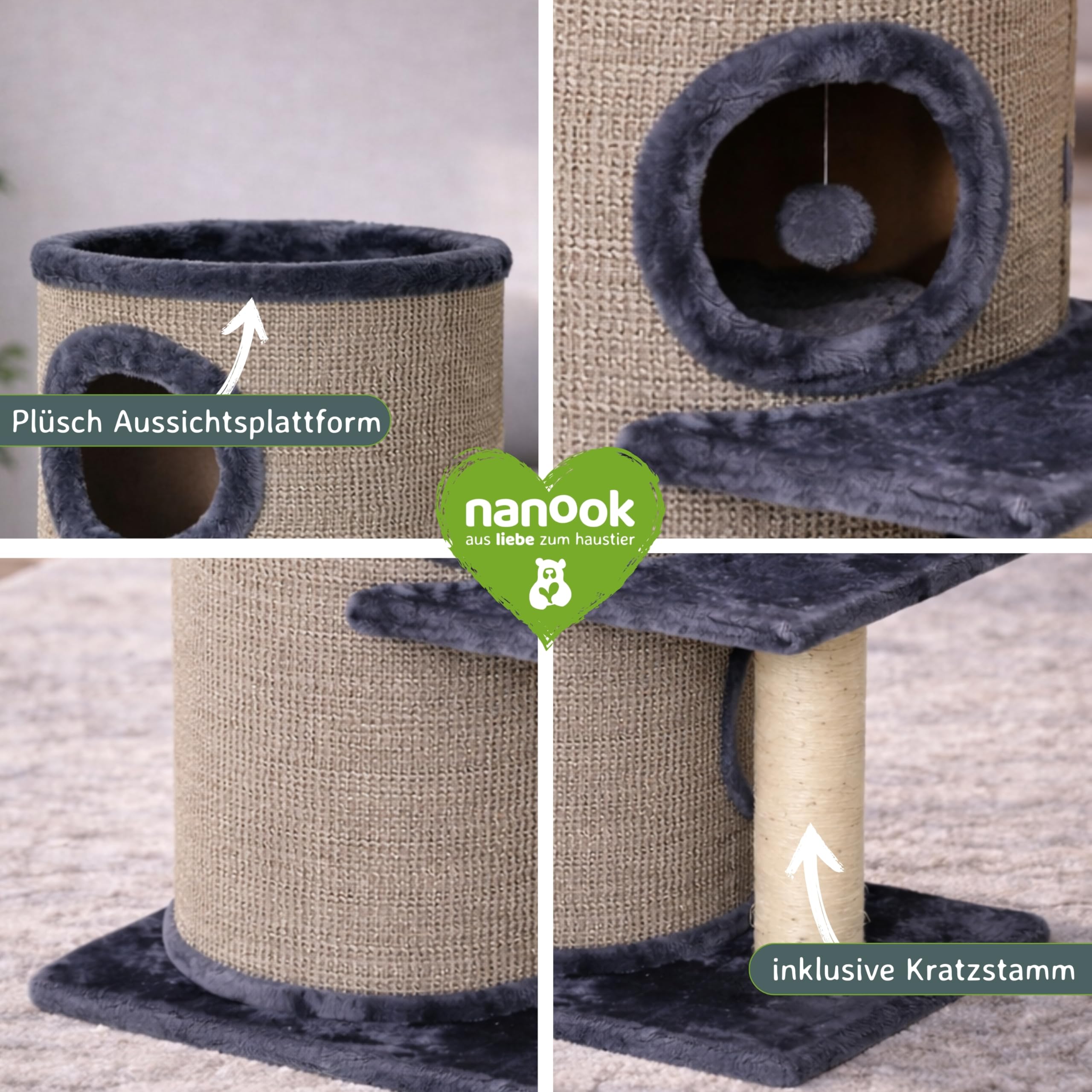 nanook Casimir - Kratztonne XL, 3 Etagen, seitlicher Sitzplatz mit Sisalstamm - Höhe: 102 cm - Farbe: grau