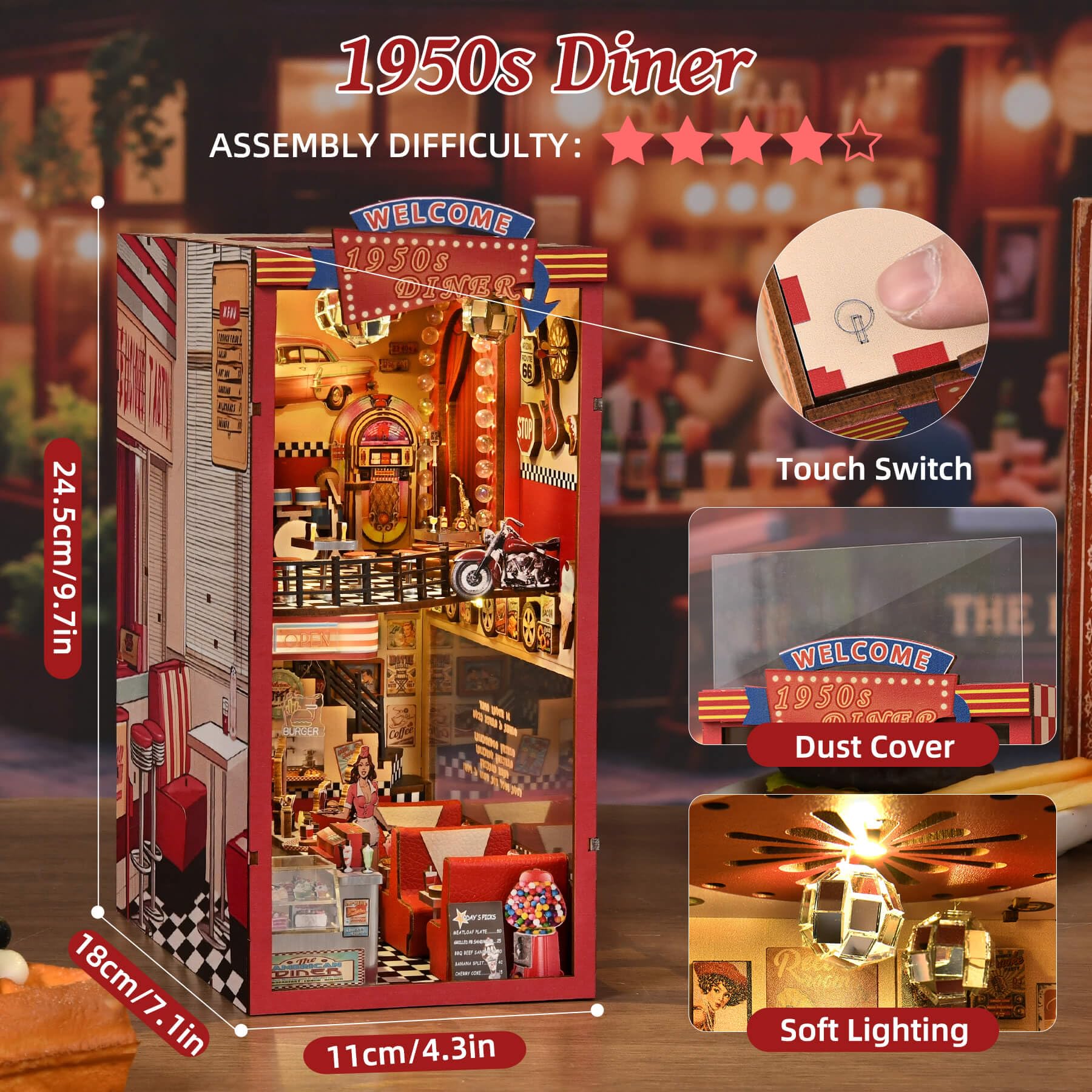 Fifijoy Zestaw domku dla lalek - Zrób to sam miniaturowy domek dla lalek dla dorosłych i nastolatków, drewniana dekoracja regału 3D Retro Diner z puzzlami i oświetleniem LED, prezenty dla