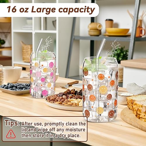 Miniatura 4 de gisgfim 2 tazas de café helado con cara sonriente, tazas de vidrio bohemias con popote y tapas de bambú, 16 onzas, vasos retro reciclados para té,