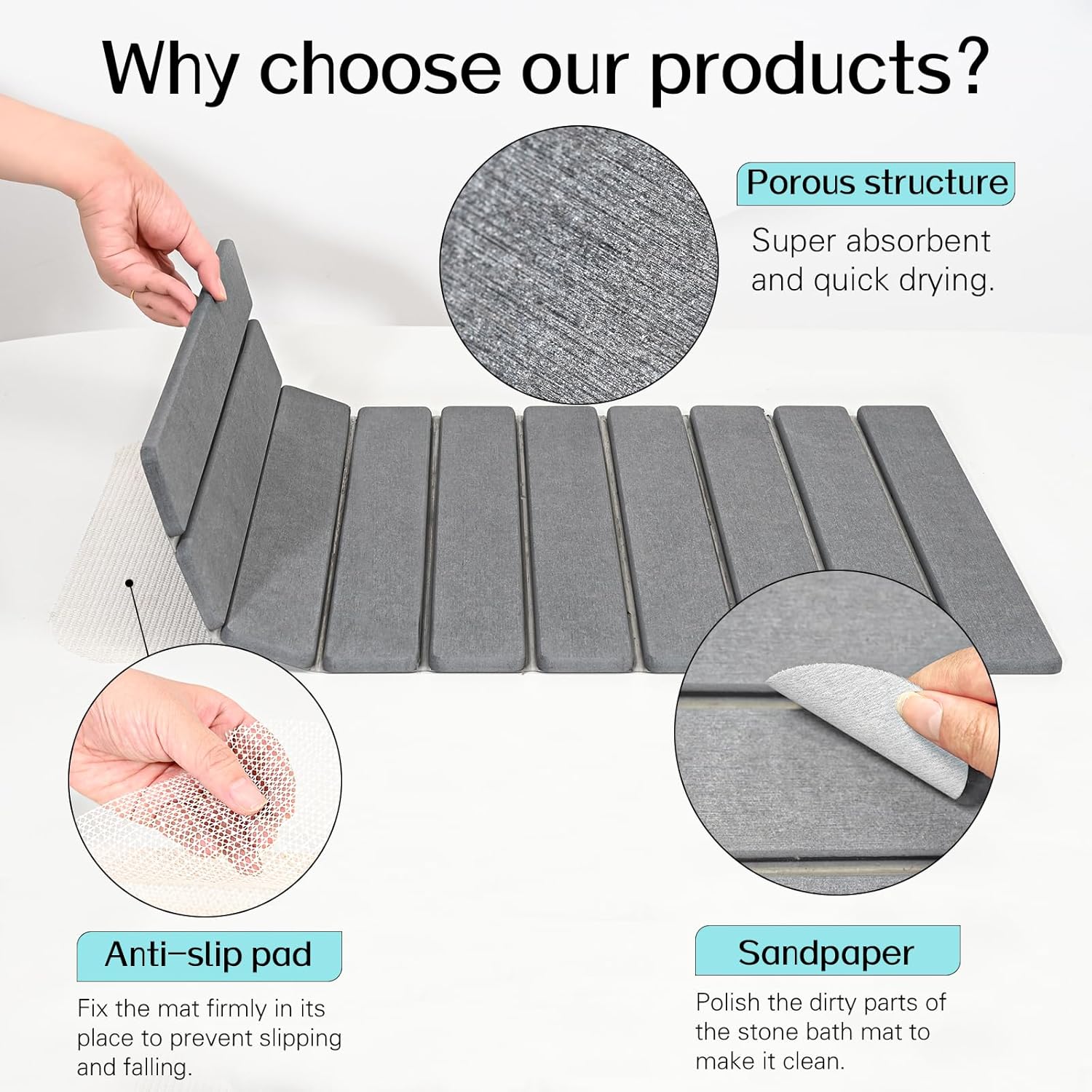Cuckan 2 Pack Foldable Stone Bath Mats for Bathroom Super Absorbent Diatomaceous Earth Bath Mat Quick Dry Bath Rug Drying Mats with Non Slip Shower Rug Tub Shower Mat - Image 4