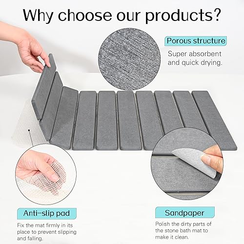 Miniatura 4 de Cuckan Paquete de 2 tapetes de baño plegables de piedra para baño, súper absorbentes, de tierra de diatomeas, de secado rápido, tapetes de secado