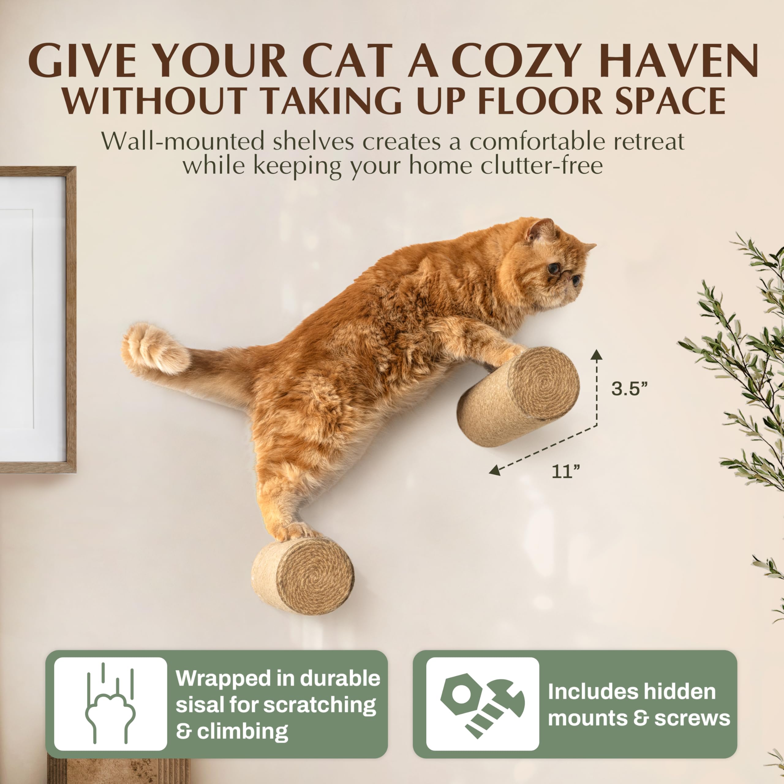 2-Pack Sisal Wall-Mounted Cat Climbing Wall Steps, Cat Wall Steps/Stairs with Sisal Scratching Surface, Wall Shelf Furniture for Climbing & Play for Kittens & Cats, Hidden Mounts - image 2