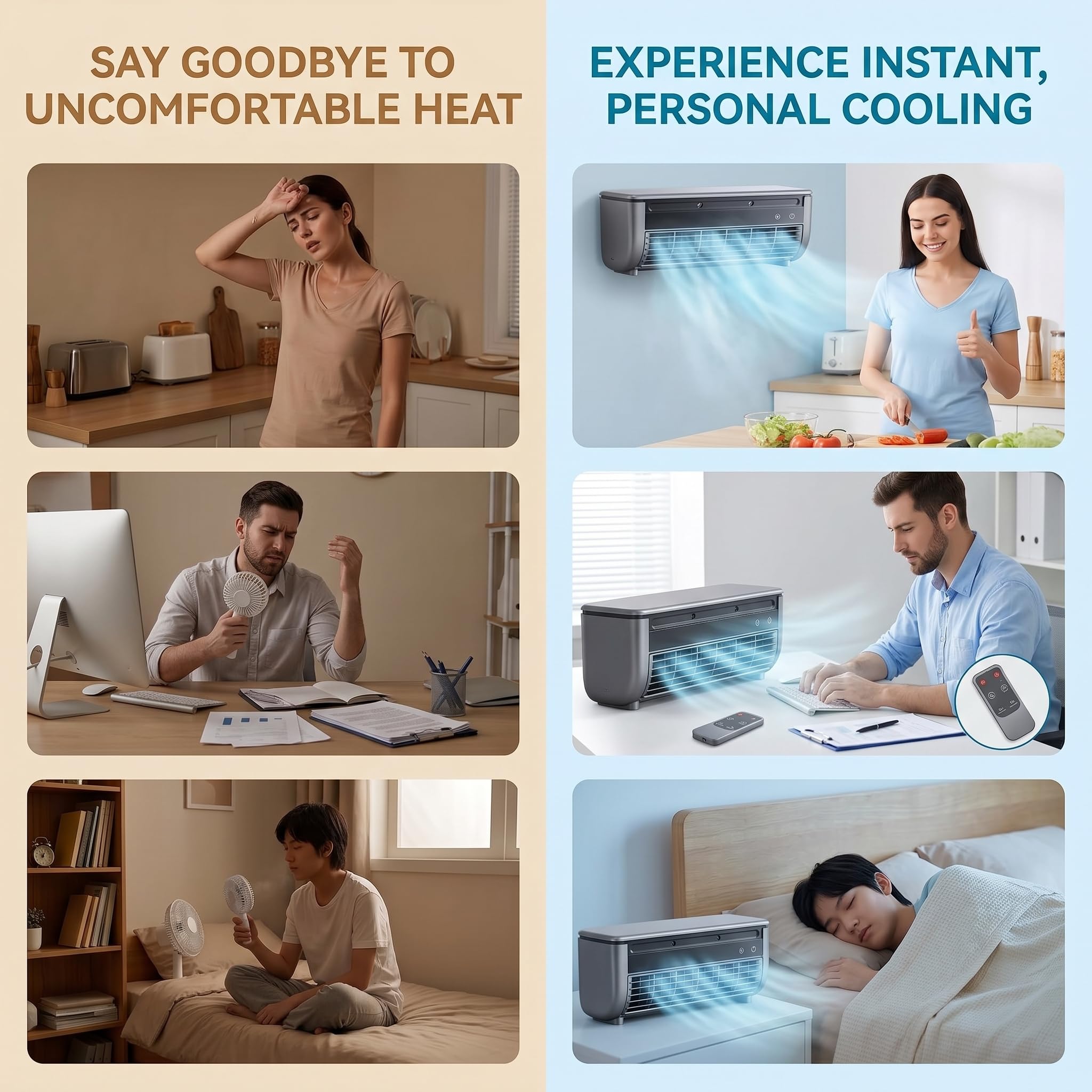 Ventilador nebulizador portátil de sobremesa y pared | 3 velocidades,batería 6000mAh recargable USB,pantalla táctil LED,mando a distancia,fijación pared sin taladrar