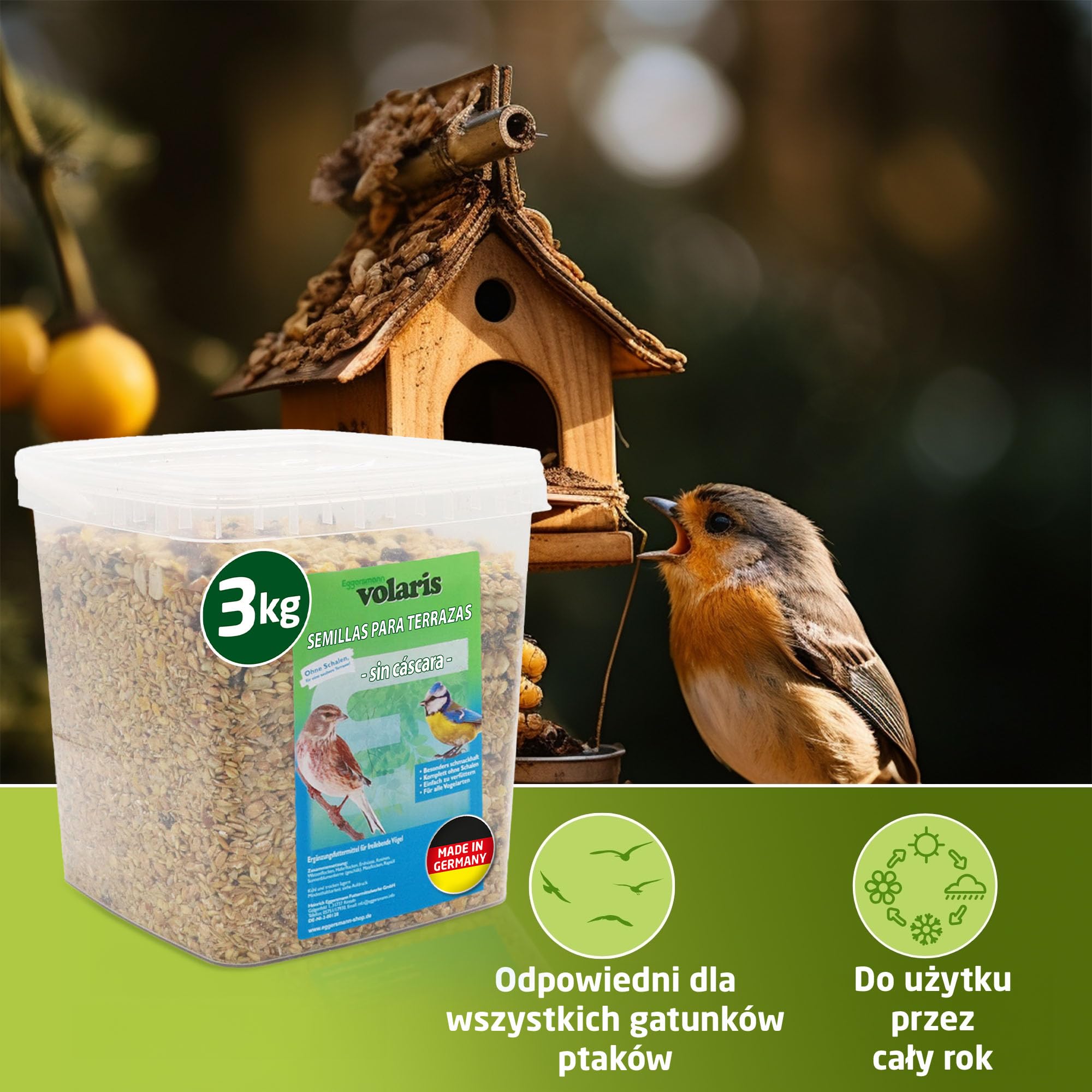Eggersmann volaris Mieszanka tarasowa, 3 kg | Bezskalowa karma dla dzikich ptaków, całoroczna mieszanka ziaren bez muszli
