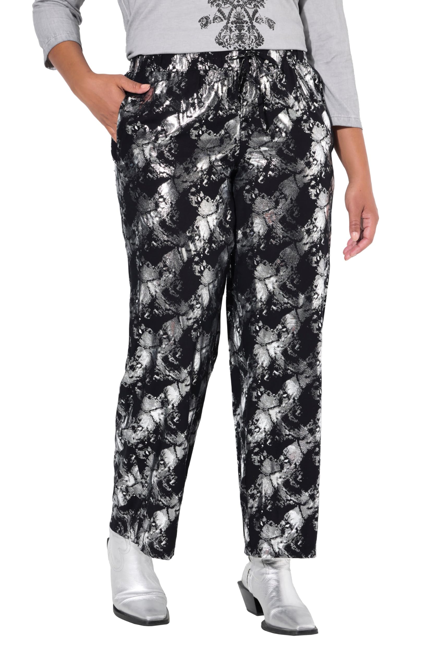 Angel of Style Damen große Größen Übergrößen Plus Size Hose, gerades Bein, Metallic-Print, Elastikbund 836572