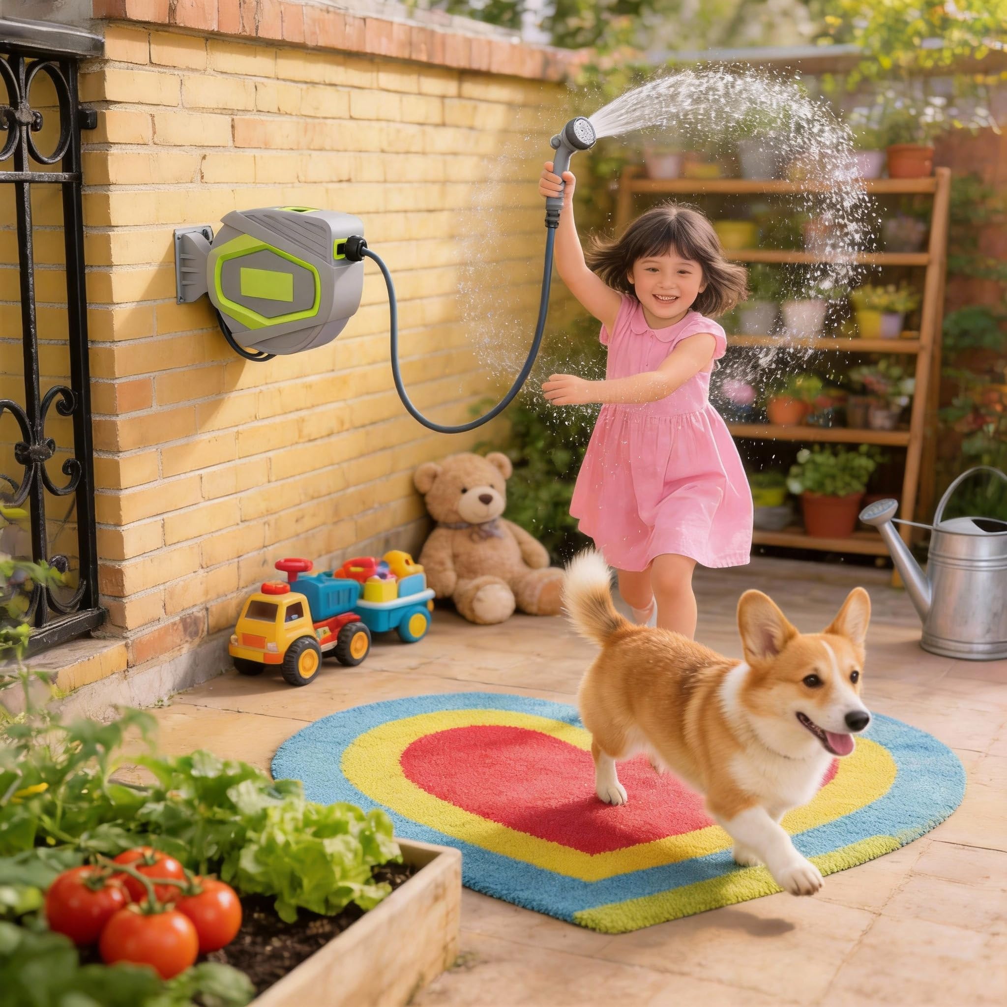 ACXIN Schlauchtrommel Wasser 30 m, Gartenschlauch Trommel mit 10‑Funktions Sprühdüse, Automatischer Schlauchaufroller, 180° Schwenkbare Wandhalterung, Wasserschlauch Trommel Garden Hose, Grau + Gelb
