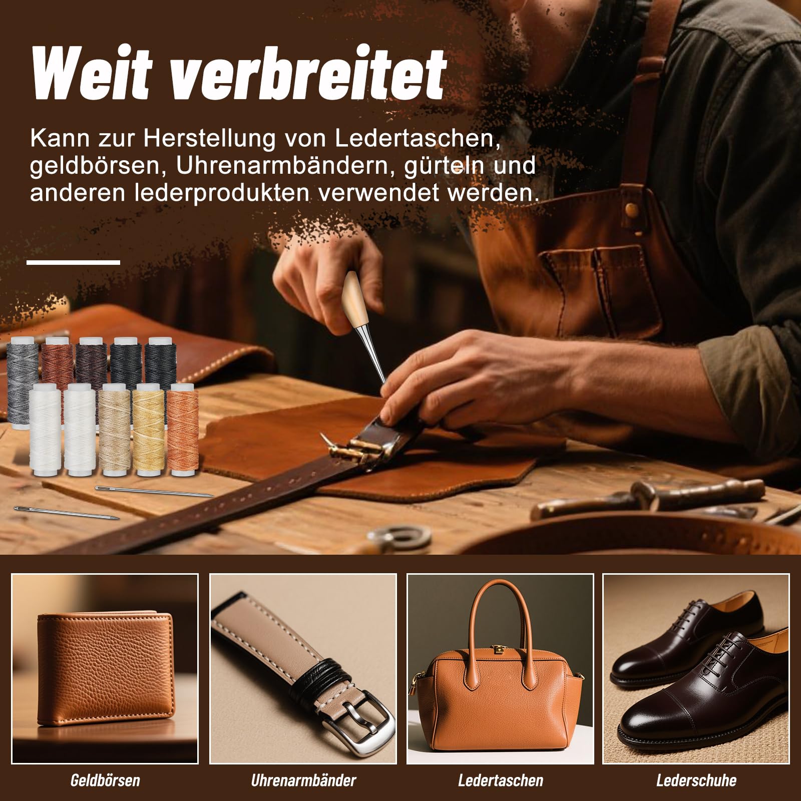 Riddur 46-teiliges Leder-Nähset, Leder-Nähwerkzeug-Set mit 4-mm-Schnürnähmeißel, gewachstem Garn und Nähnadeln mit großem Öhr für Lederhandwerksprojekte, Diy-Näharbeiten