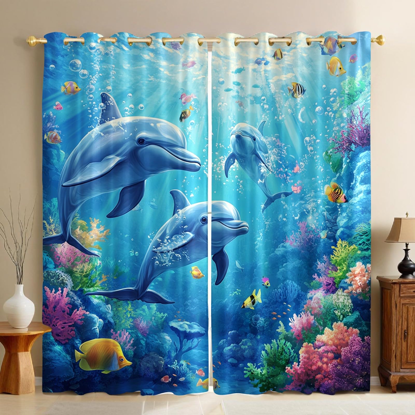 Rideaux occultants dauphins 2 pièces 117x229 cm bleu ciel