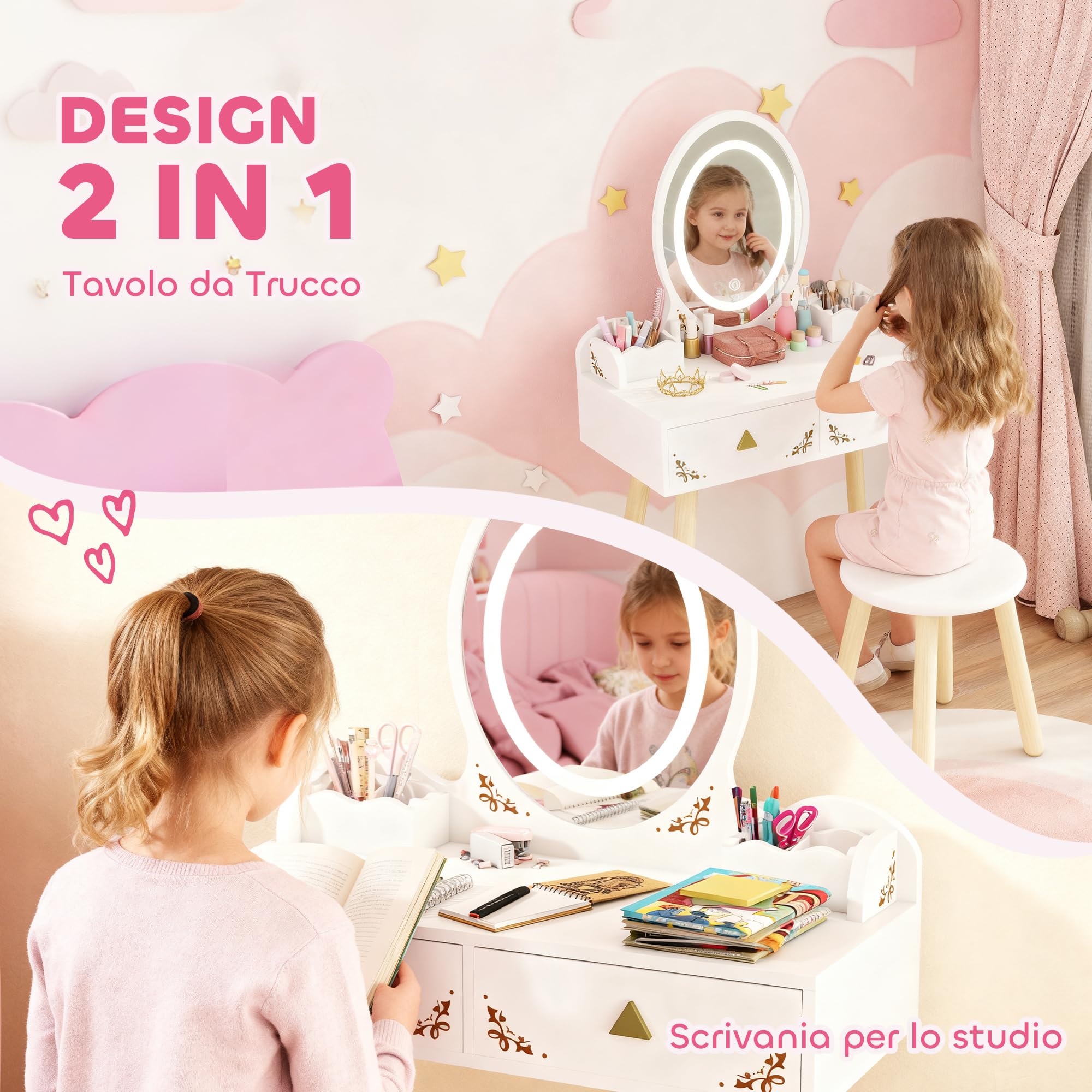 AIYAPLAY Set Toeletta 2 in 1 con Specchio Illuminato e Sgabello, Tavolo da Trucco con Luce LED a 3 Colori, 2 Cassetti e 2 Scatole in Legno, Tavolino per Bambini da 3+ Anni, Bianco