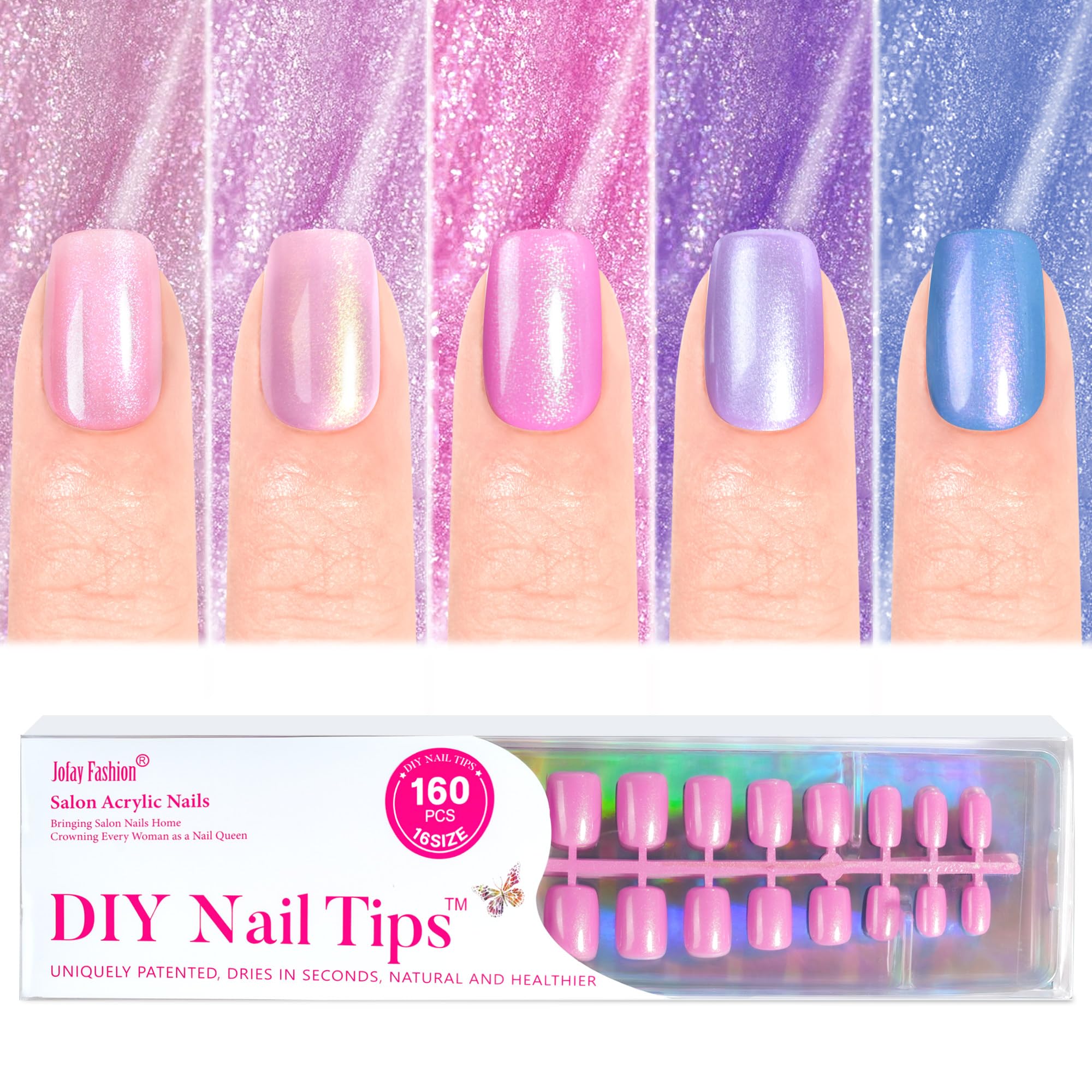 Jofay Fashion Press on Nails Short - 5 Styles Fake Nails with Pink & Blue & Purple Collection Mermaid Meal, Glossy Acrylic False Nails Reusable Full