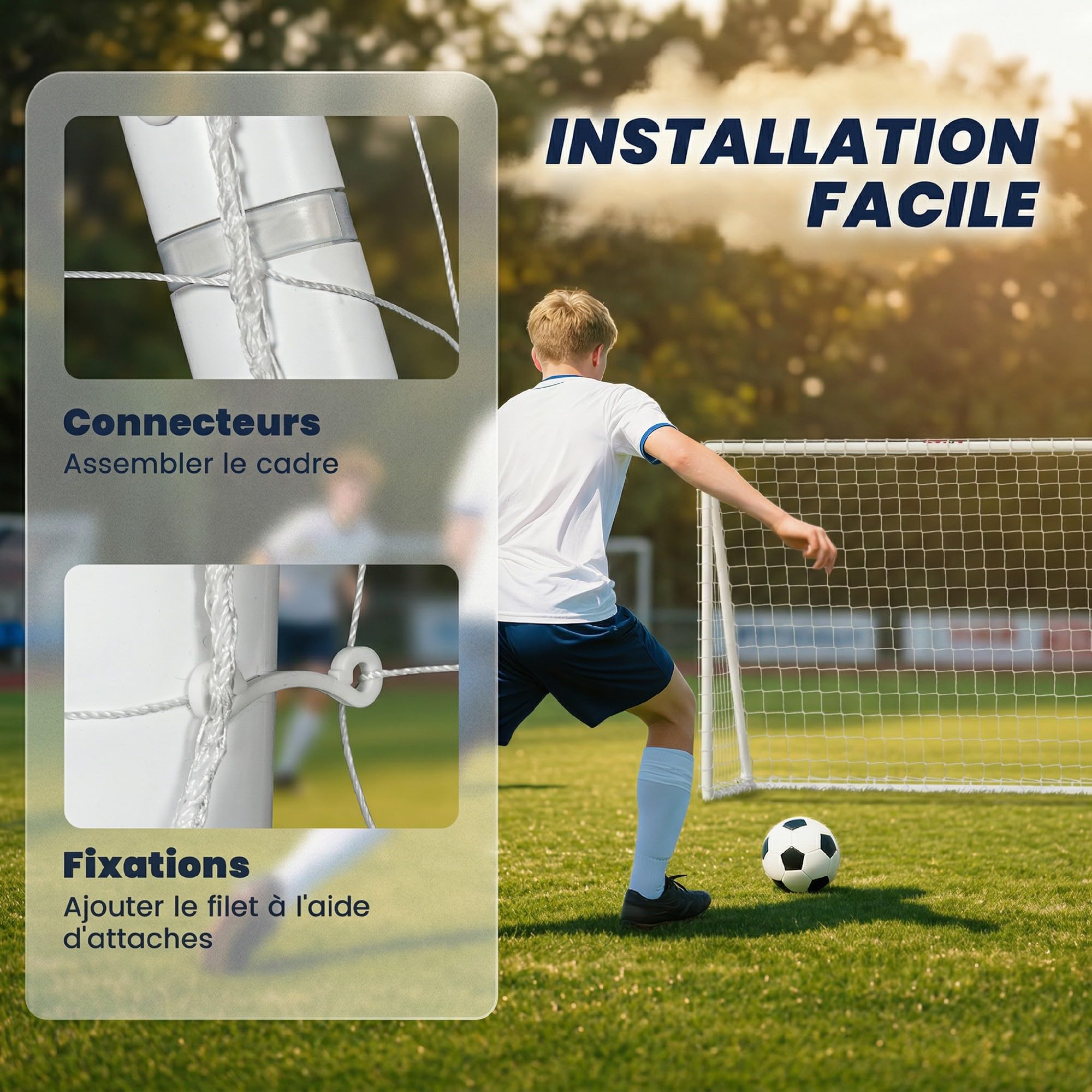 SPORTNOW But de Football 2,4 x 1,8 m avec Filet Poteaux en PVC Blanc | Cage de Foot pour Jardin ou Parc, But d'Entraînement, Poteaux en PVC, Piquets de Sol, Installation Rapide