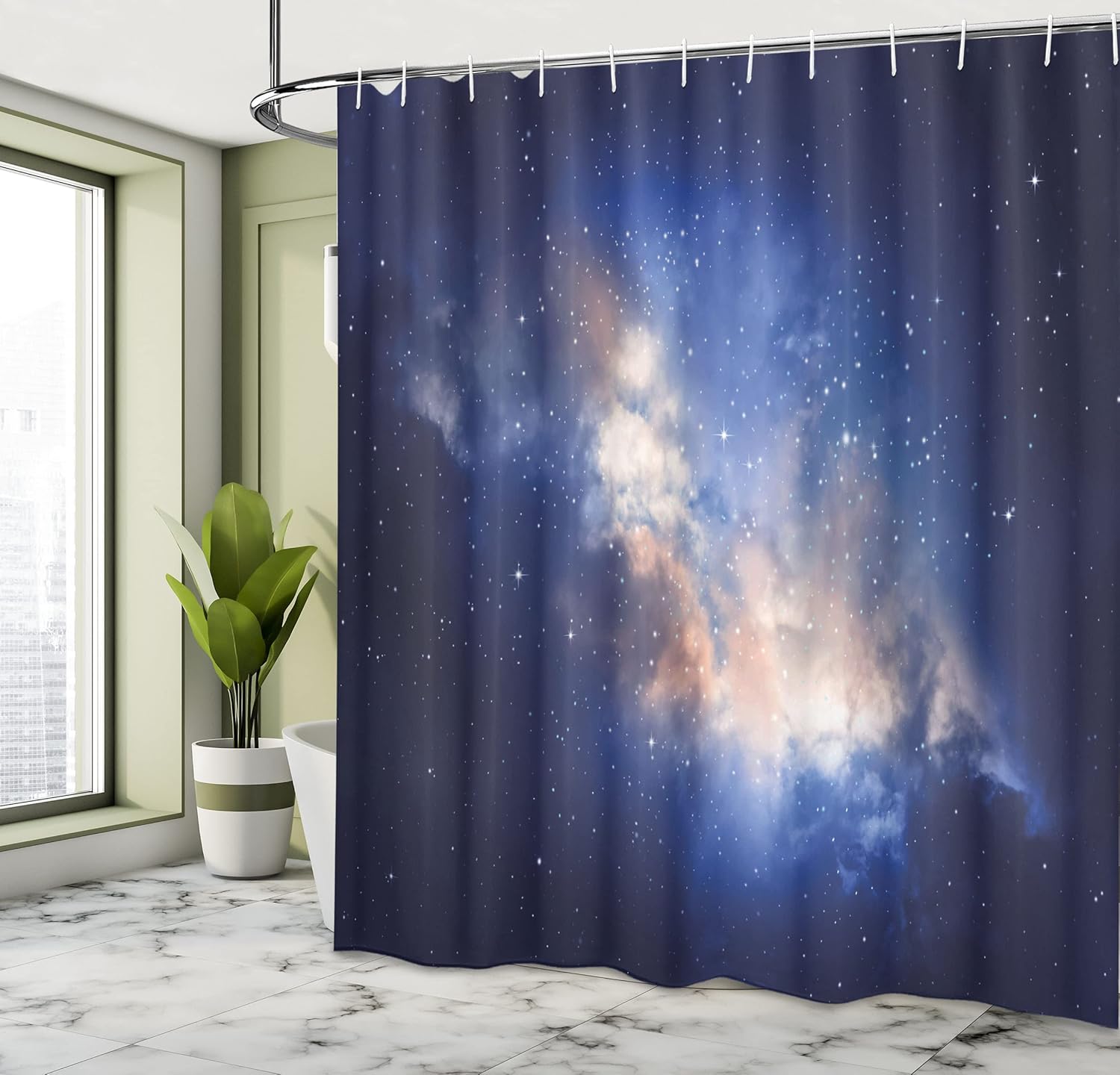 Ambesonne Galaxy Shower Curtain, Nebula in Cloudy Sky View of Far Stars in Night Sky Milky Way Universe Print, Cloth Fabric Bathroom Decor Set with Hooks, 69" W x 75" L, Navy Blue