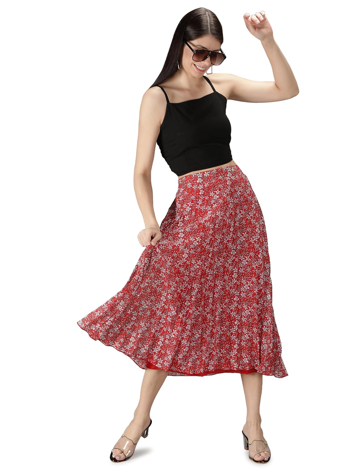 81PpIXGHzqL._SL1500_ NUEVOSDAMAS Floral Printed Pleated Navy/Multi Skirt
