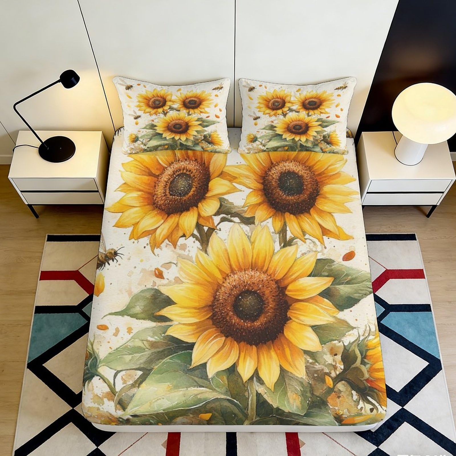 3D Printed Sunflower Fitted Sheet Microfiber Deep Pocket Non-Slip Sunflower Mattress Fitted Cover Elastic Hem for Bedroom 120x200x25cm