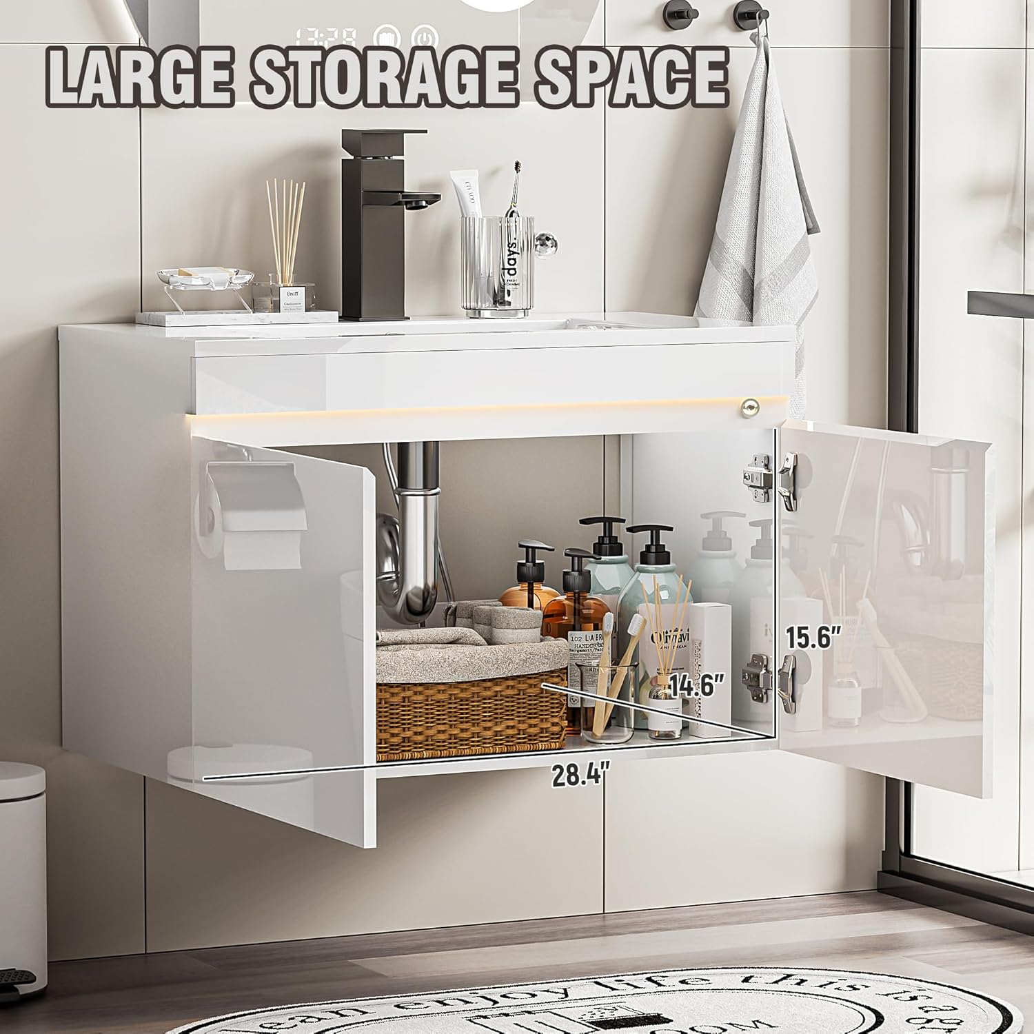 Spurgehom 30 inch Bathroom Vanity with Sink and Faucet, Floating Vanity Bathroom Cabinet with Lights, Modern Wall Mounted Storage Cabinet with Soft-Close System, White