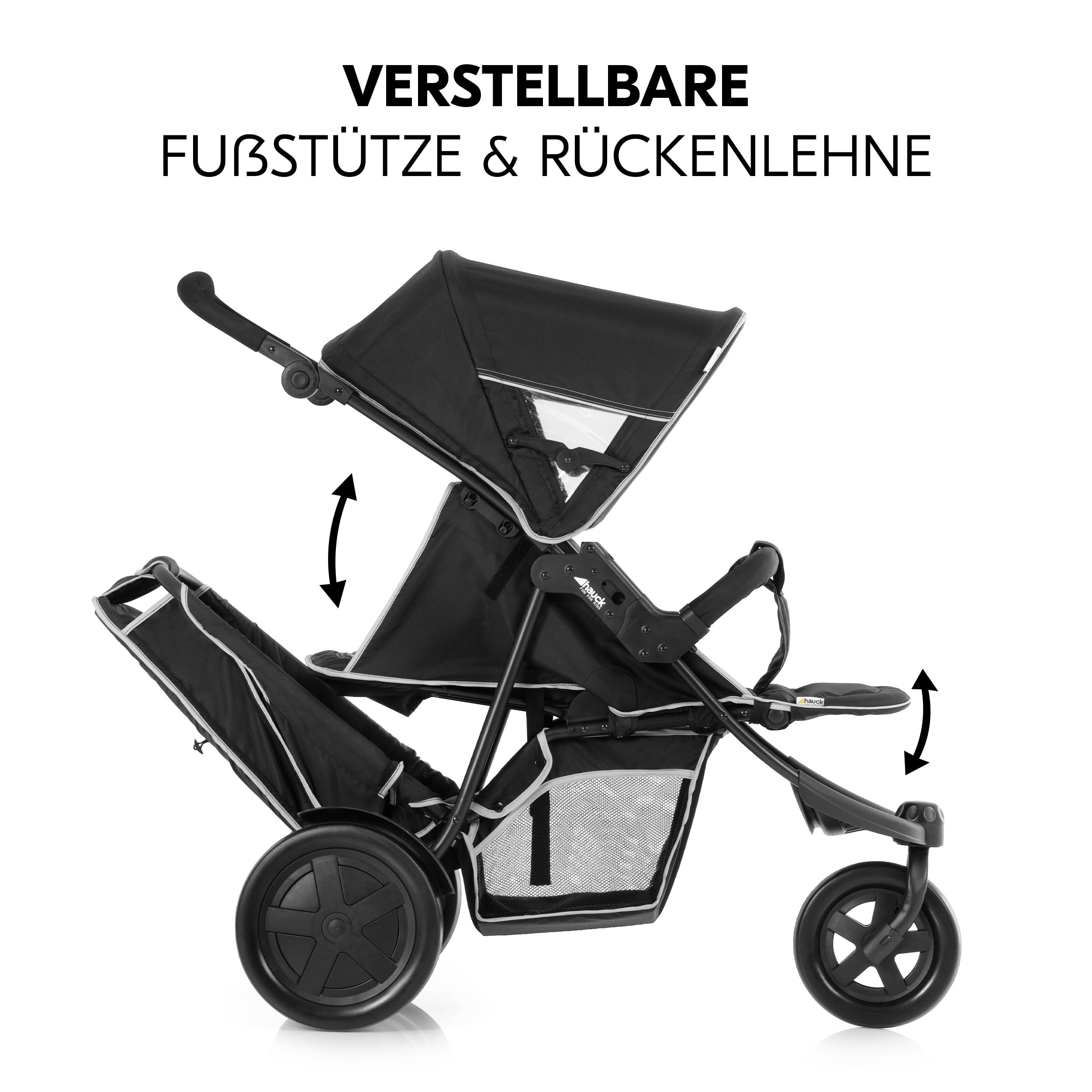 Hauck Freerider Black Dreirad Geschwisterbuggy Kinderwagen für 2 Kinder mit Regenschutz, oberer Sitz ab Geburt Liegeposition, abnehmbarer Zweitsitz ab 6 Monaten