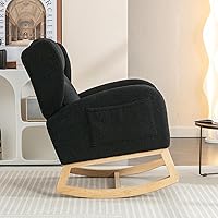 Vista 6 de Mecedora de peluche para guardería, silla mecedora tapizada con bolsillo, silla moderna con respaldo de ala, cómoda silla de lectura con patas