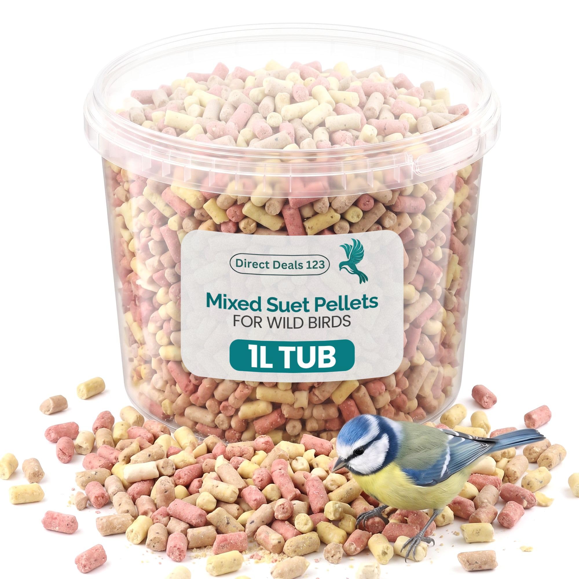 (1L TUB) Premium High Energy Suet Pellets for Wild Birds Mixed Berry, Mealworm & Insect Flavours Bird Food for Outside Wild Birds, Nutritious Feed for Garden Birds, Robins, Finches & Sparrows