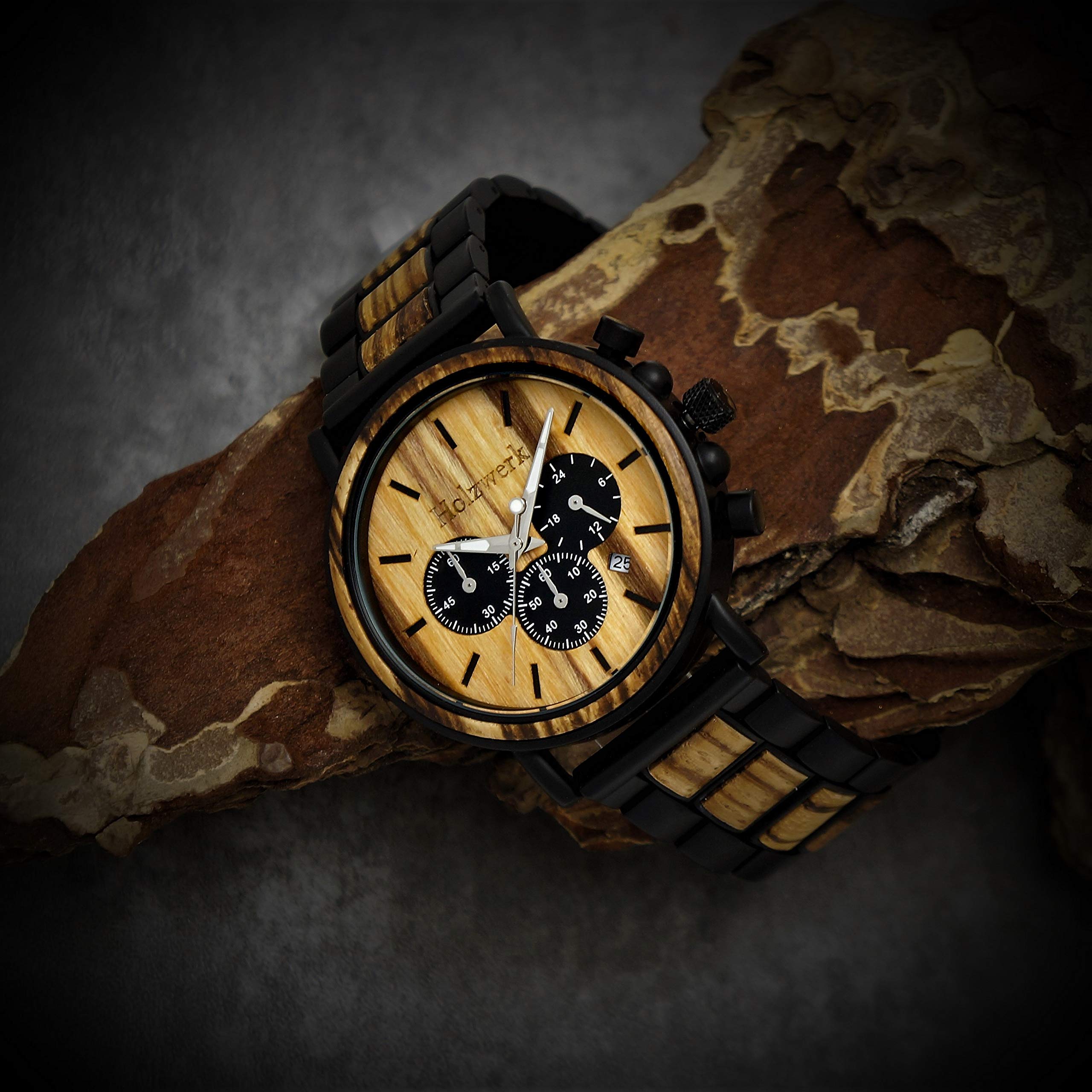 Handmade Holzwerk Germany® Designer męski zegarek ekologiczny naturalny drewniany zegarek chronograf zegarek na rękę analogowy zegarek kwarcowy brązowy czarny data drewno cyferblat,