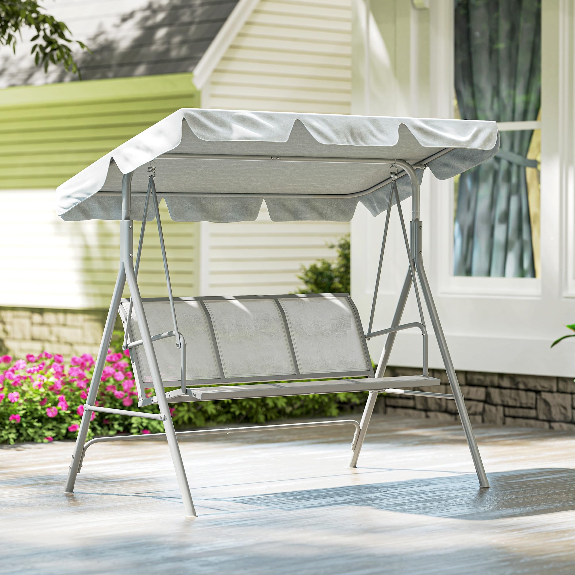 Outsunny Columpio Jardín Exterior Balancín Jardín Exterior de 3 Plazas con Toldo Ajustable Respaldo Transpirable y Marco de Metal para Terraza Balcón Carga 240 kg 171x108x154 cm Gris