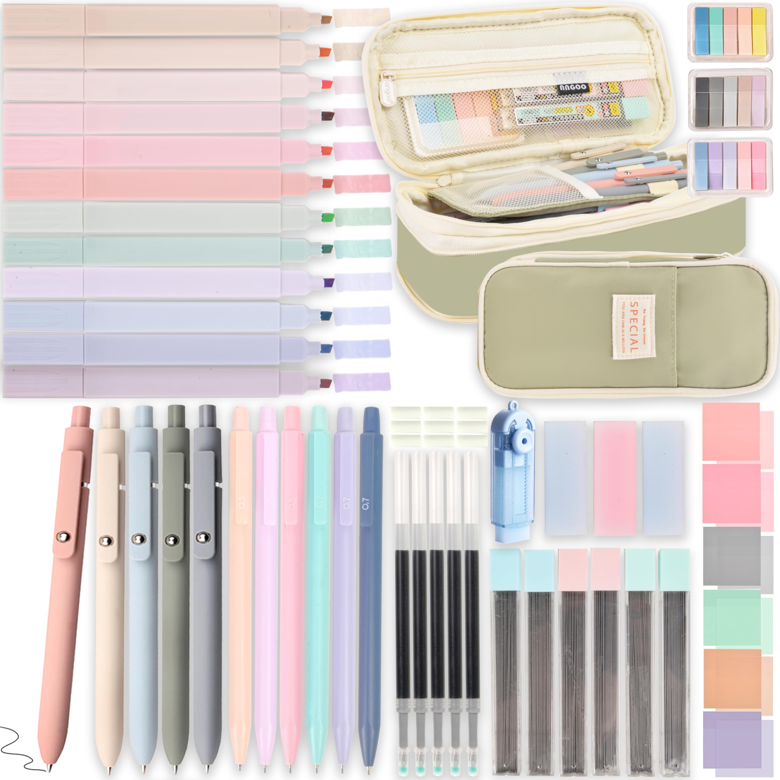 Aesthetic School Supplies with Pencil Pouch - 57 Pcs Cute College Essentials Set, Big Capacity Pen Case, Eraser Holder, Pastel Highlighters, Bible Study Journaling Stationary Kit for Girls Teens