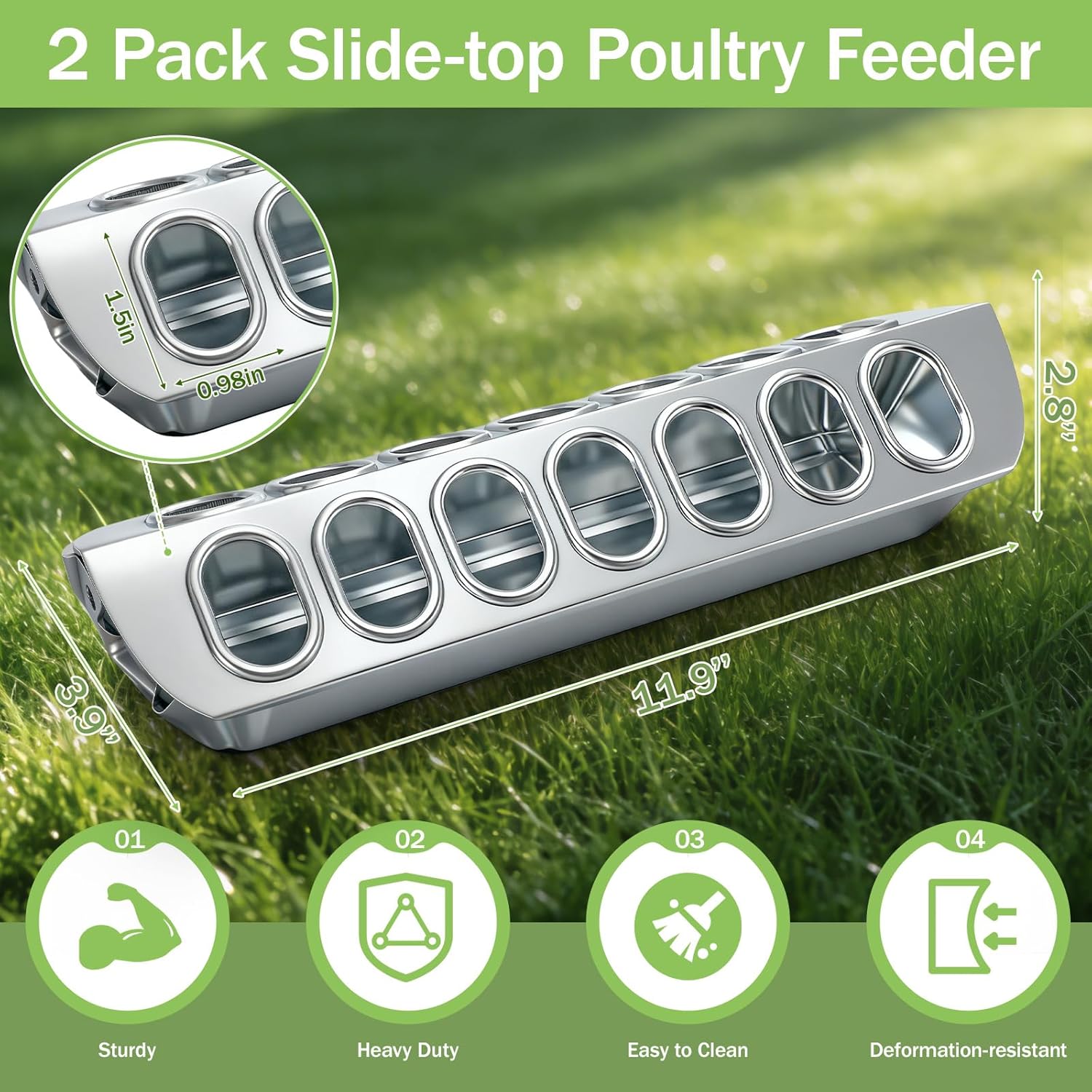 Potchen 2 Pcs Slide-top Poultry Feeder 12 Inch Durable Galvanized Metal Chicken Feeder Trough with Removable Top Trough Multi-Hole Tray for Pigeon Quails Duckling Birds Duck Chicken