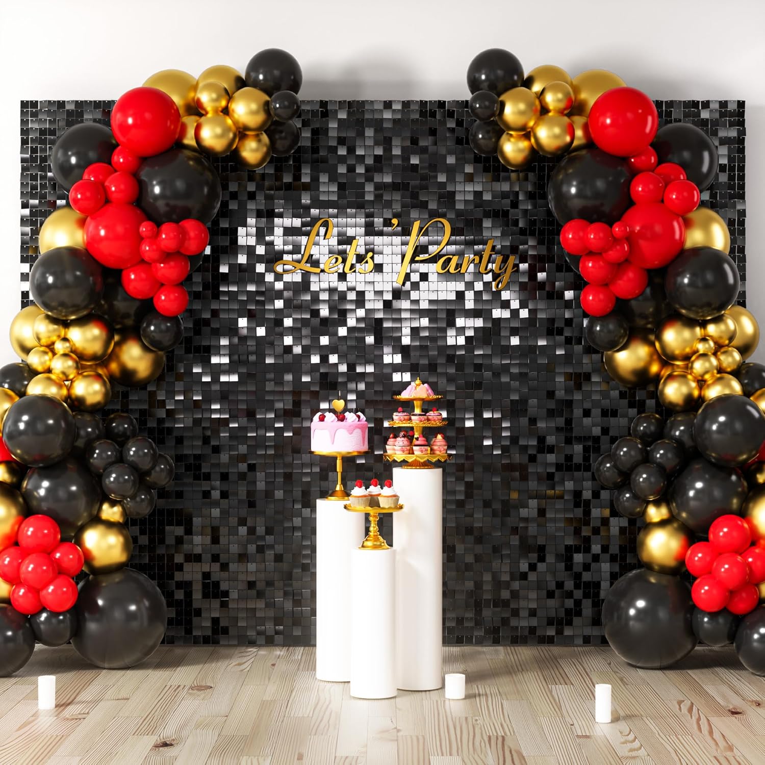 COKAOBE Black Shimmer Wall Backdrop, 48PCS Square Sequin Shimmer Backdrop Panel, Photo Backdrops for Birthday, Anniversary, Wedding, Graduation & Bachelorette Party Decoration