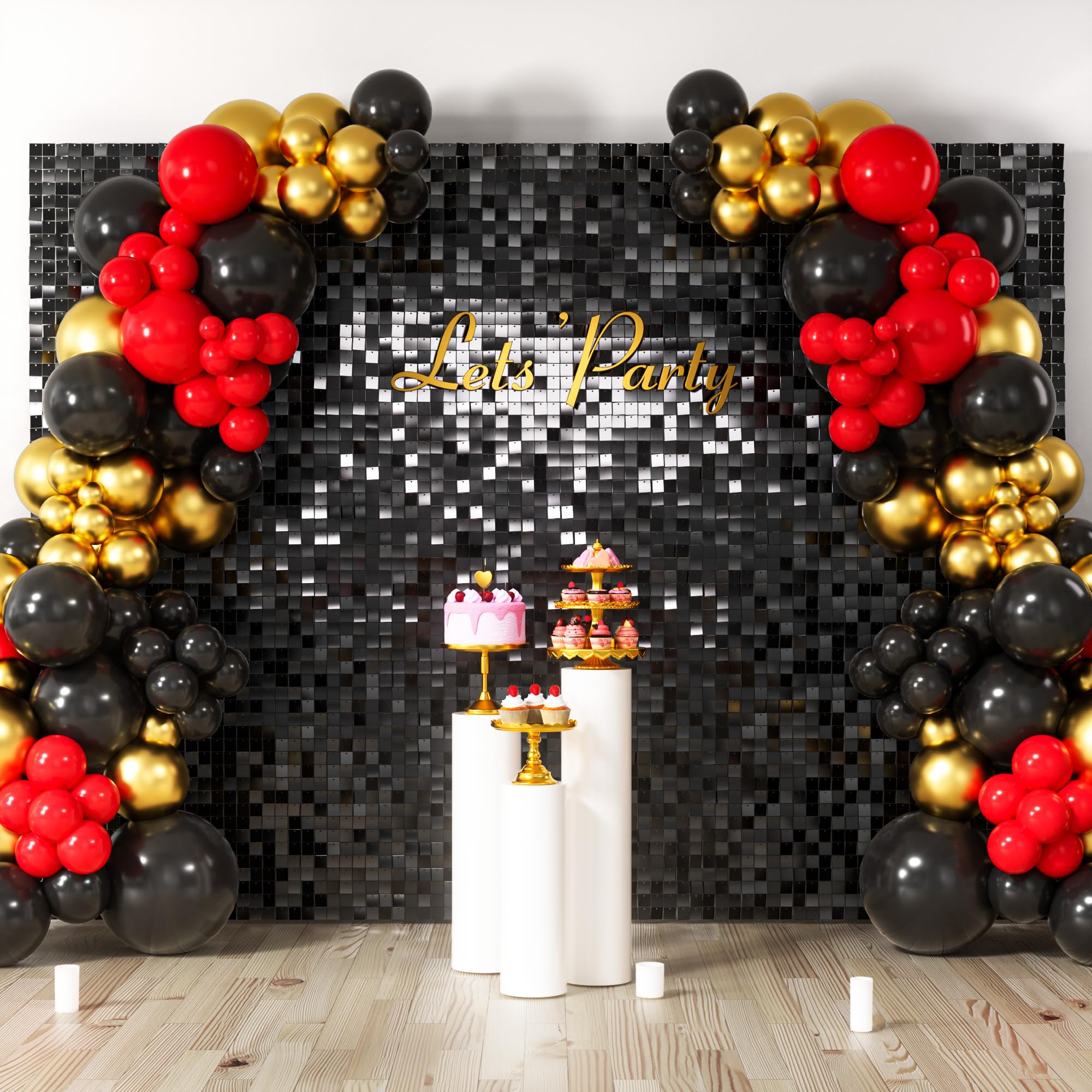 COKAOBE Black Shimmer Wall Backdrop, 48PCS Square Sequin Shimmer Backdrop Panel, Photo Backdrops for Birthday, Anniversary, Wedding, Graduation & Bachelorette Party Decoration