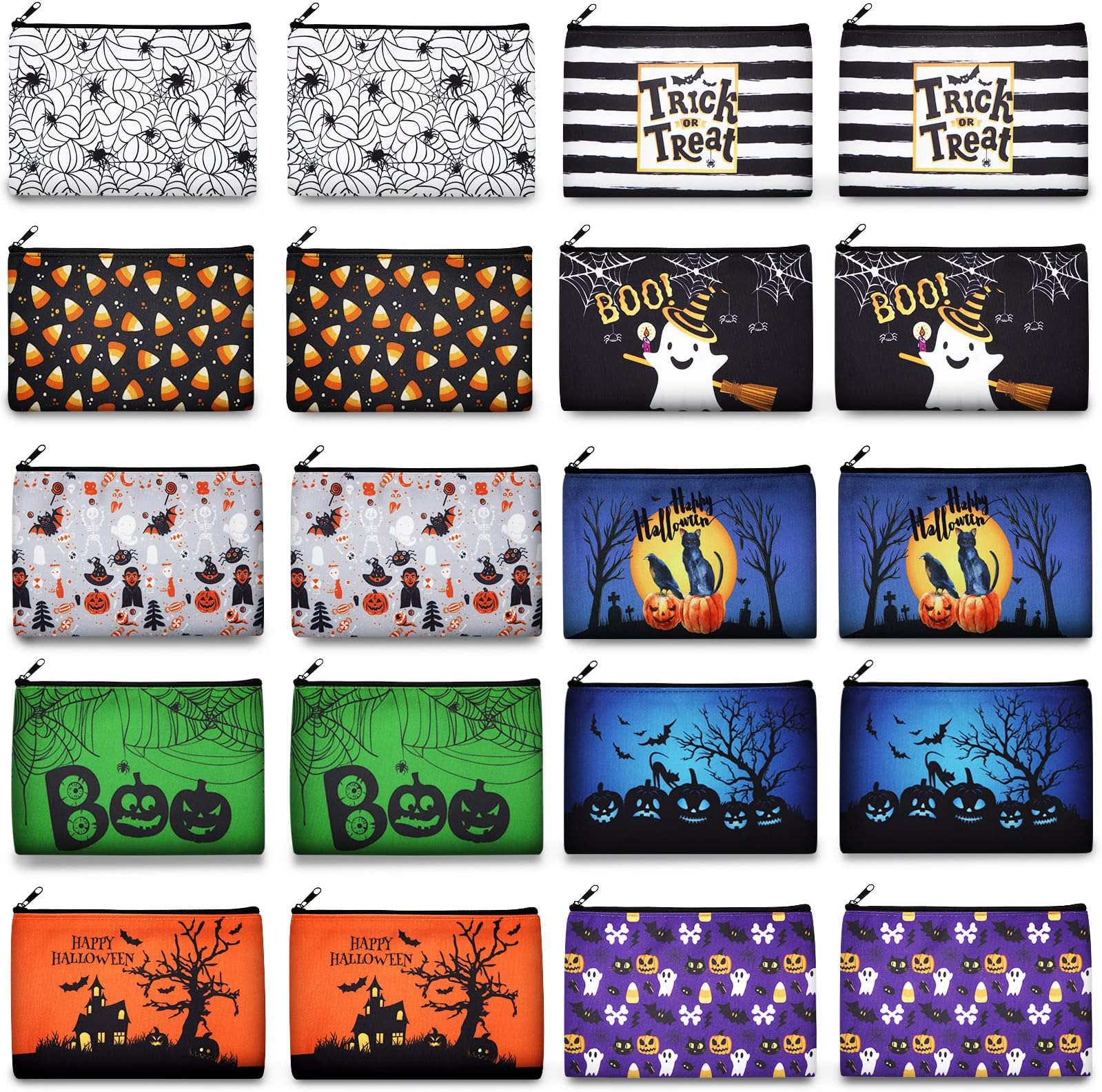 Reginary20 Pieces Halloween Cosmetic Bags Trick or Treat Gift Bags for Kids Girls Women Happy Halloween Pattern Toiletry Organizer for Party Favors Double Sided Printed Makeup Pouch with Zipper, 10 Styles, as