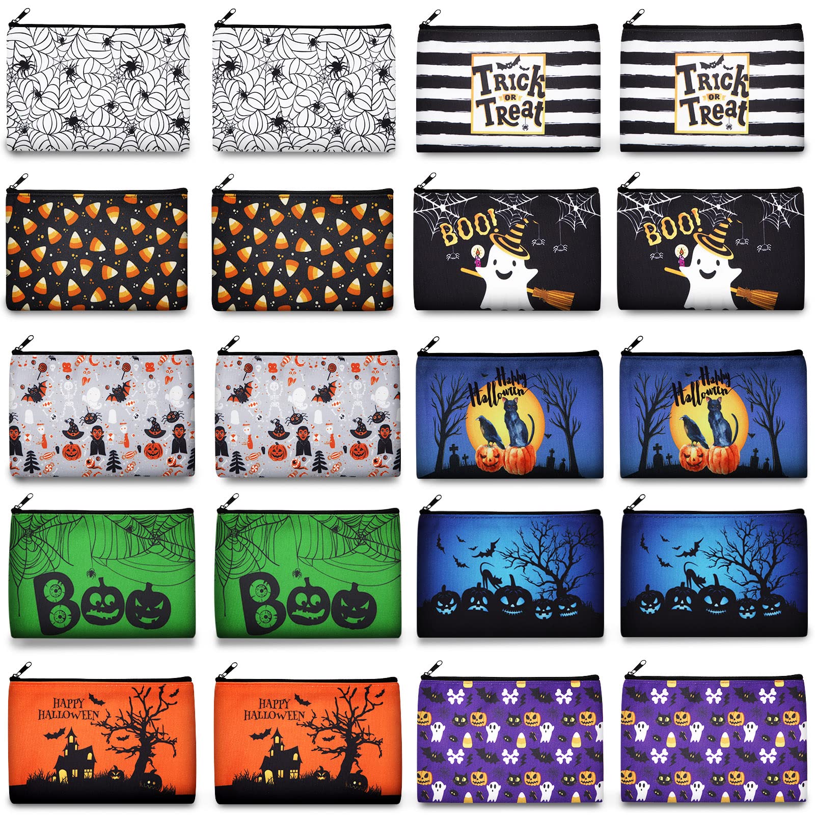 Reginary20 Pieces Halloween Cosmetic Bags Trick or Treat Gift Bags for Kids Girls Women Happy Halloween Pattern Toiletry Organizer for Party Favors Double Sided Printed Makeup Pouch with Zipper, 10 Styles, as