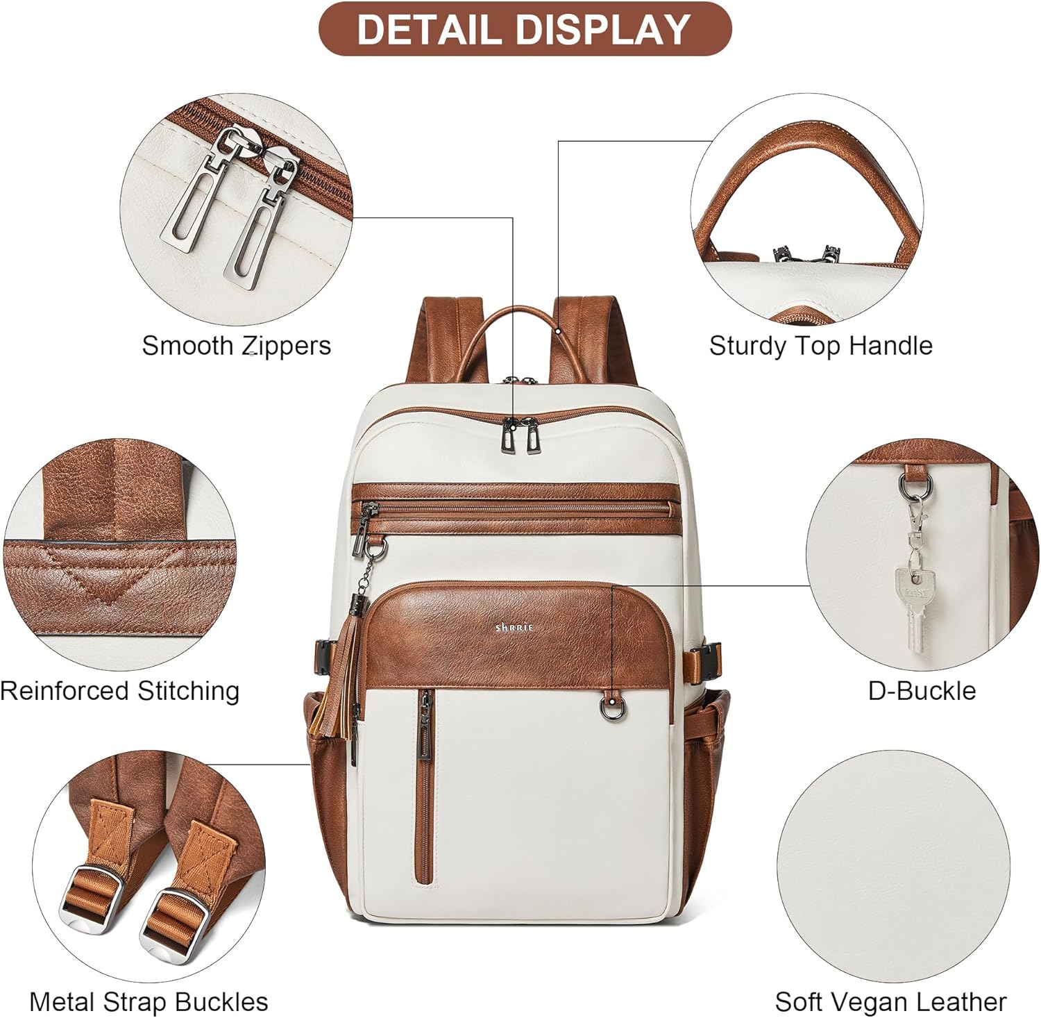 Shrrie Vegan Leather Laptop Backpack for Women,17 Inch Computer Backpack Purse for Work Business College Travel Teacher Nurse with Anti-theft Pocket & Giant Tumbler Holder Pocket,Beige with Brown - Image 7