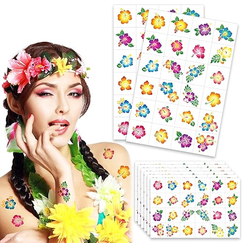 Miniatura 9 de 240 tatuajes de purpurina de hibisco, tatuajes temporales de flores con purpurina, tatuajes de cara hawaiana, tatuajes de cara tropical, tatuajes de