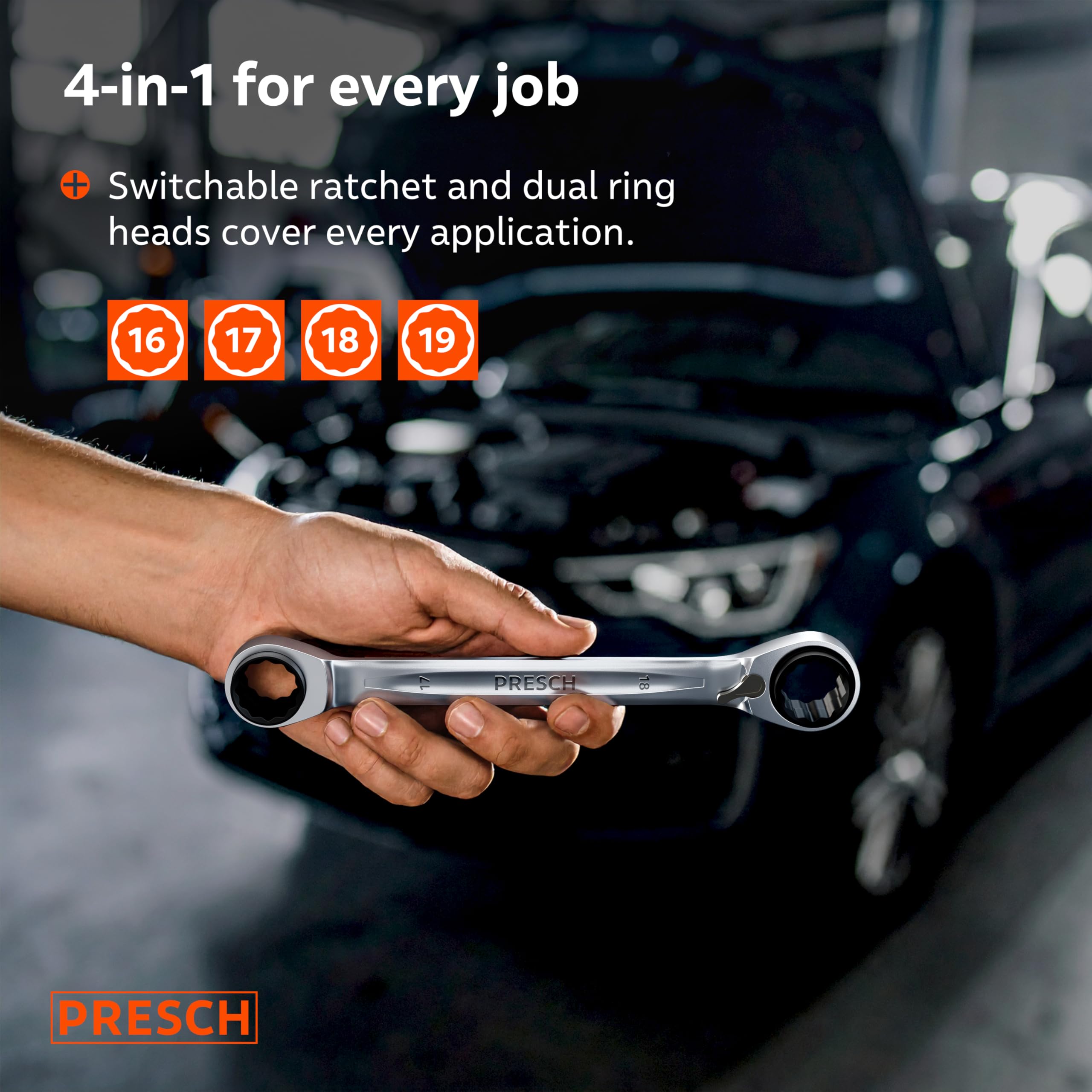 PRESCH Double Ratchet Spanner 4-in-1 (16mm/17mm & 18mm/19mm), Reversible Ratchet Function, with 90 Teeth & 4° Return Angle - Image 2