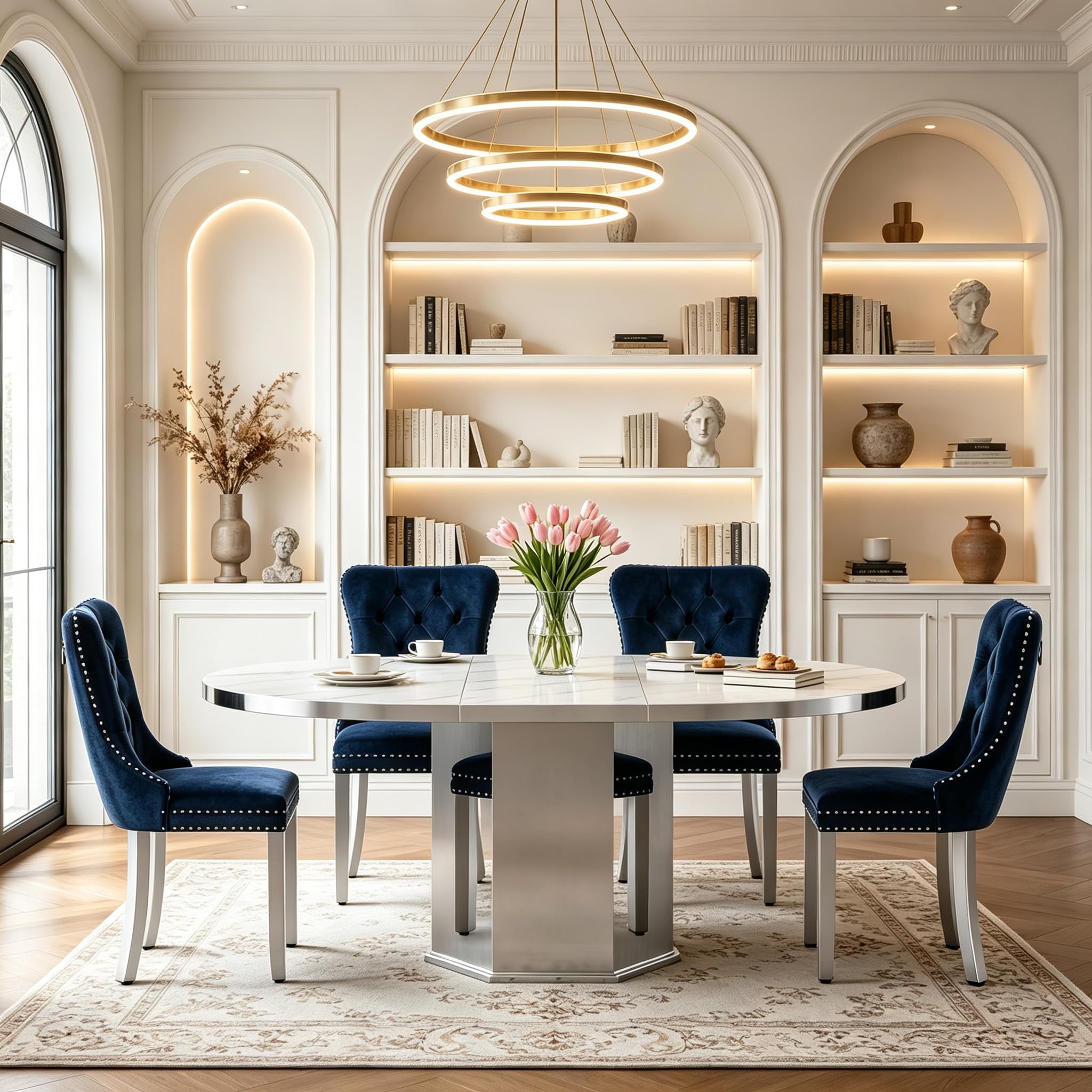 5 Pieces White Faux Marble Extendable Dining Table Set, 47"-63" Round Expanding Kitchen and Dining Room Table Set for 4 with Mirrored Acrylic Base &amp; Blue Velvet Upholstered Chairs