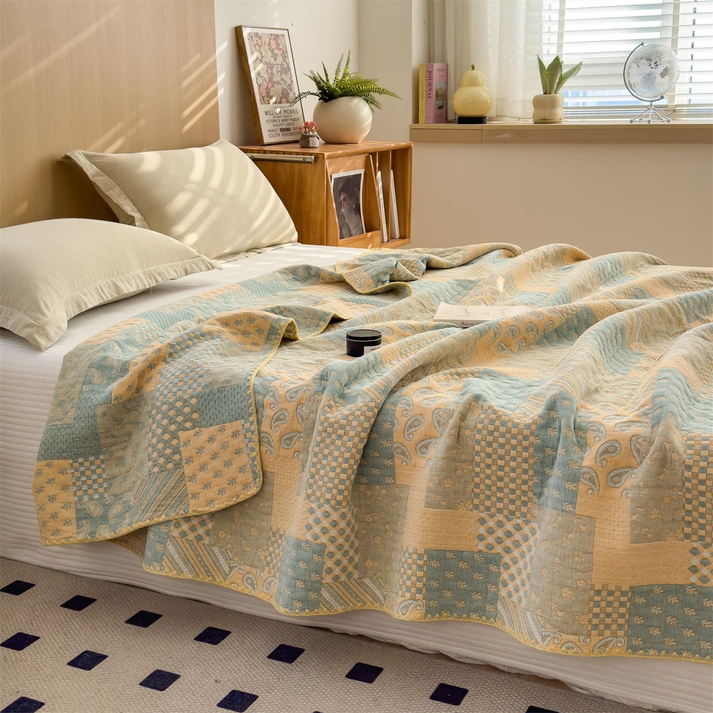 SANACYNA Cotton Muslin Quilt 80x90 Inches, Farmhouse Patchwork Reversible Lightweight Breathable Quilted Blanket for Couch Sofa Bed, Summer Air Conditioner Coverlet (Patchwork Yellow, 80 x 90 in)