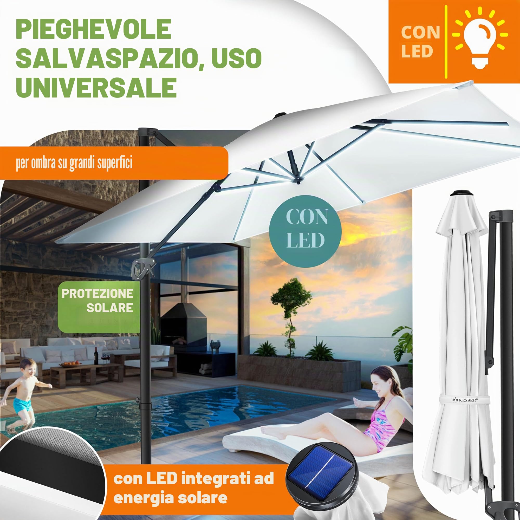KESSER® Ombrellone Parasole SUN 300 x 300 cm Incl. Copertura + protezione antivento, girevole, inclinabile, rotazione a 360°, ombrellone da giardino,