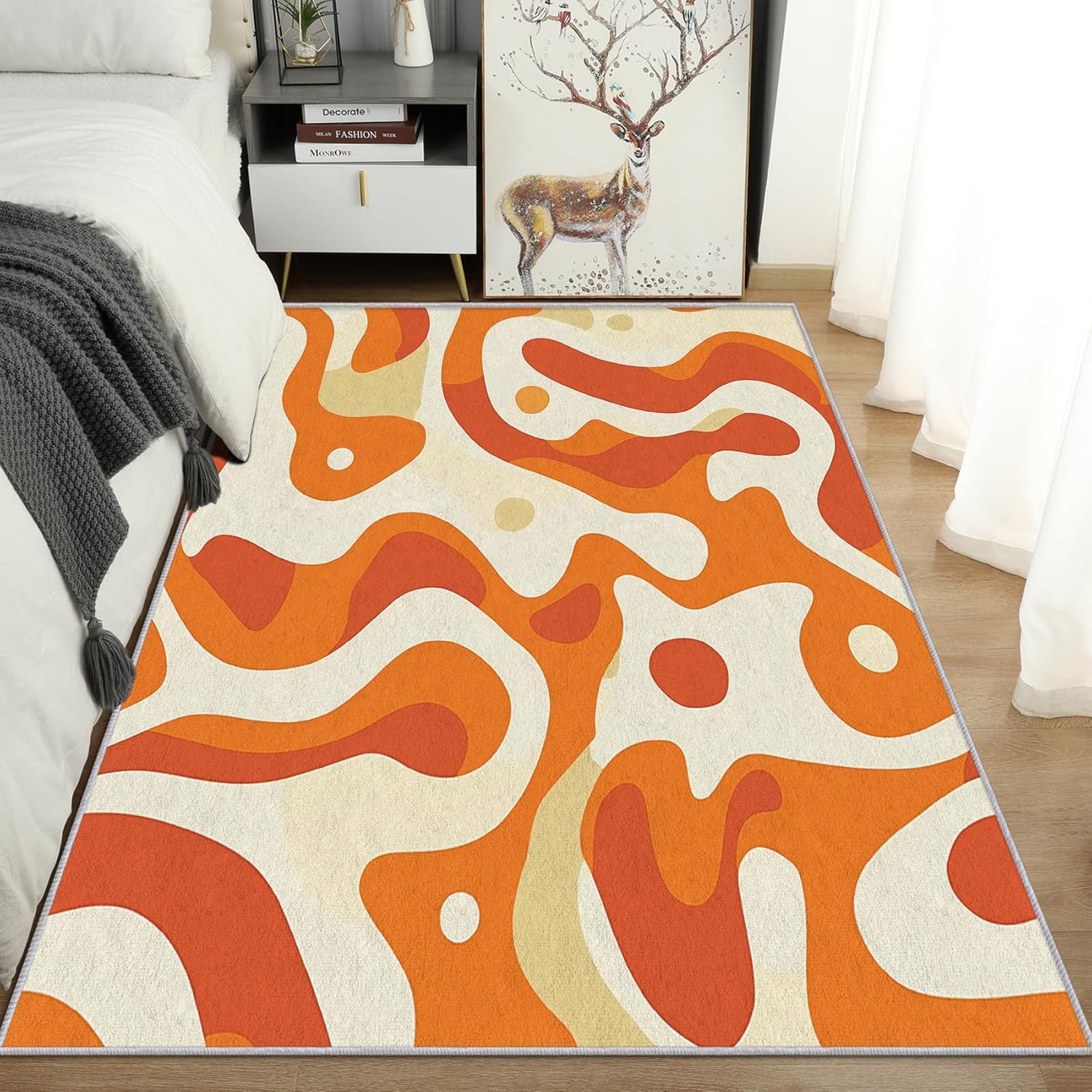 Mid Century Modern Throw Rug, Washable Groovy Retro Abstract Area Rugs 2x3 - Funky 70S Orange Small Carpet, Entryway, Bedroom, Kitchen, Home Decor, Indoor Mat, Soft, Non Slip, Non Shedding
