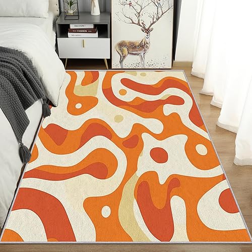 Miniatura 3 de Alfombra moderna de mediados de siglo, lavable, groovy, retro, abstracto, 2 x 3, alfombra pequeña color naranja de los años 70, entrada, dormitorio,