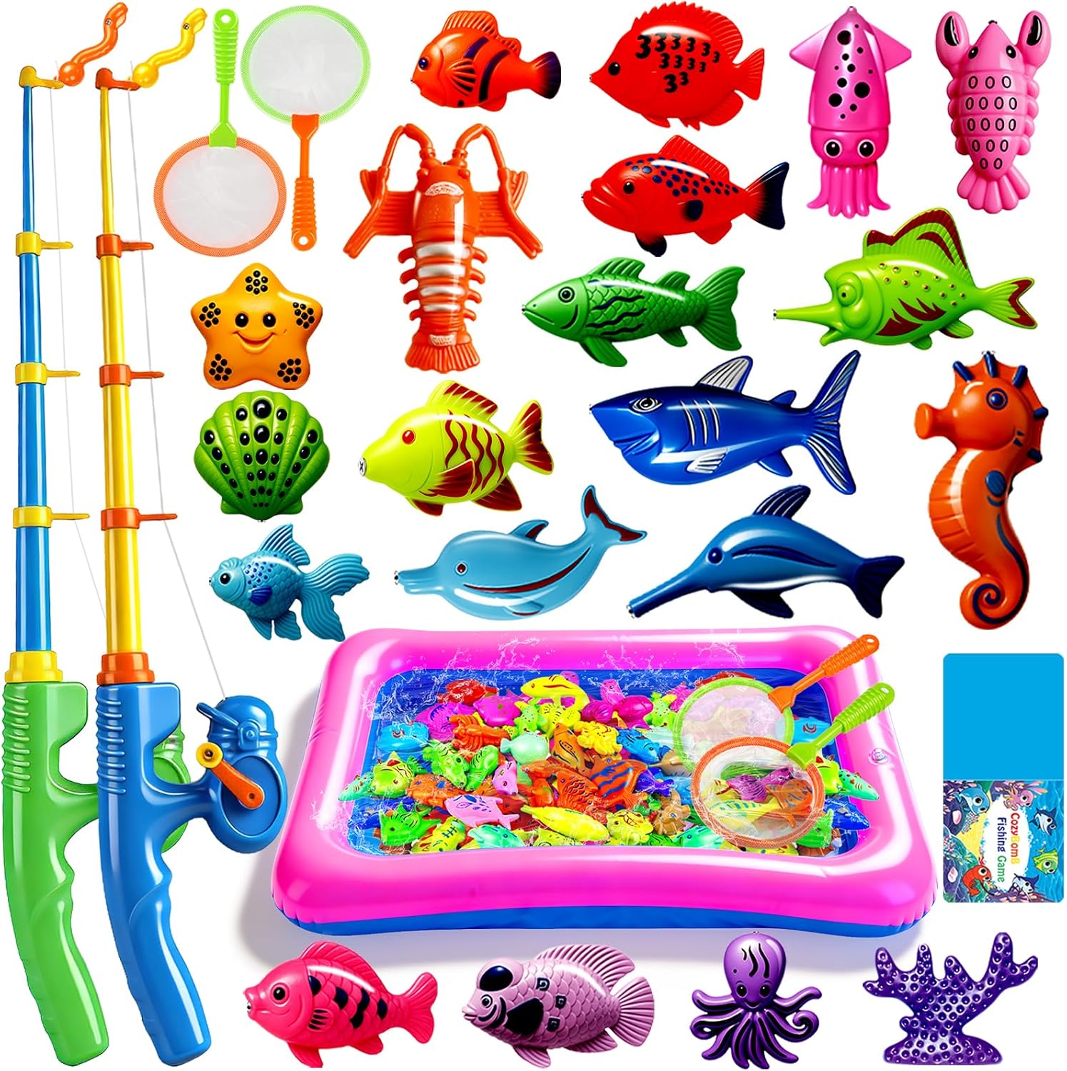 CozyBomB™ Magnetic Fishing Toys Game Set for Kids | Water Table Bathtub Kiddie Pool Party Pole Rod Net, Outdoor Plastic Floating Fish, Toddler Bath Color Ocean Sea Animals Birthday Gift Age 3-5 6 4-8