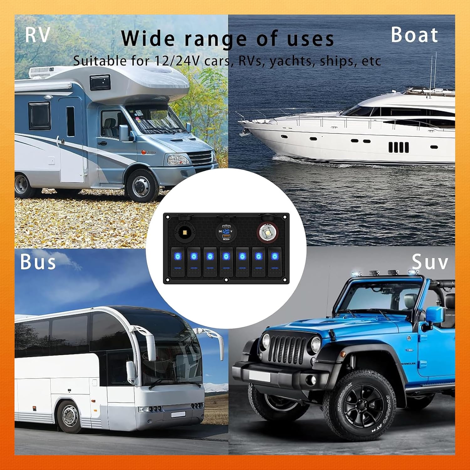 7gang Boat Rocker Switch Panel Waterproof,Marine Rocker Switch Panel 12-24V with Dual USB Charger and Fuse,Compatible 6 Gang Switch Panel Waterproof and Suitable for RV UTV Truck(On/Off Blue LED