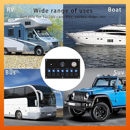 Vista 81 de Panel de interruptor de palanca impermeable de 6 cuadrillas 12V/24V Panel de interruptor basculante de aluminio con cargador USB doble, voltímetro